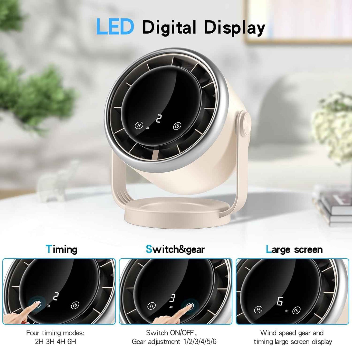 Desk Fan with Battery Operated, Quiet Digital Display Portable Fan 360°Rotate, Whole Room Air Circulator Fan, USB Fans with 6 Speeds, Small Travel Camping Table Fan for Bedroom, Kitchen, Home, Outdoor