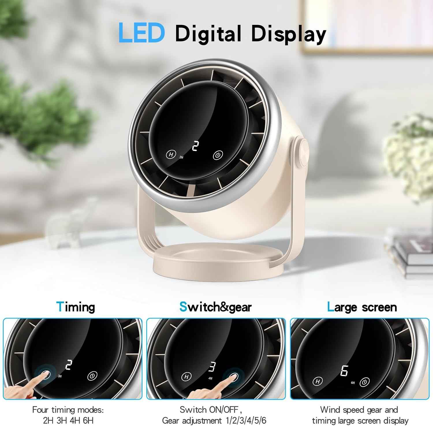 Desk Fan with Battery Operated, Quiet Digital Display Portable Fan 360°Rotate, Whole Room Air Circulator Fan, USB Fans with 6 Speeds, Small Travel Camping Table Fan for Bedroom, Kitchen, Home, Outdoor
