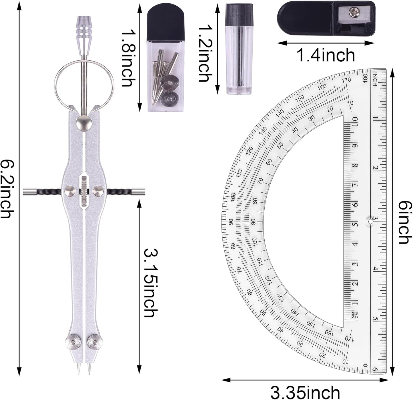 Compass and Protractor Set, Professional Drawing Compass Tool, Metal Compass with Extra Refills, Compass for Geometry and 6 Inch Math Protractors 180 Degree (Blue)