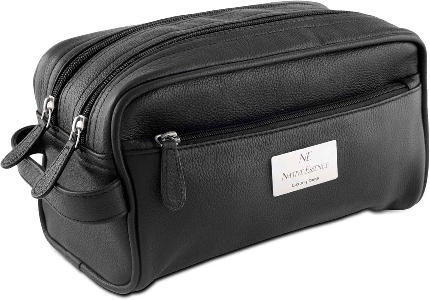 NATIVE ESSENCE Leather Toiletry Bag, Black Genuine Calf Leather Travel Bag, Handmade Cosmetic Pouch, Luxury Shaving Bag, Bathroom Organizer, Stylish Grooming Kit for Men and Women Gift Packed