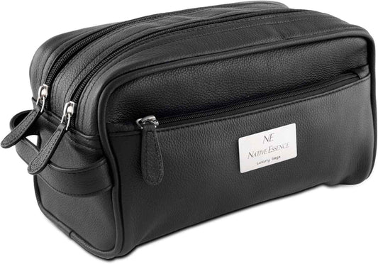 NATIVE ESSENCE Leather Toiletry Bag, Black Genuine Calf Leather Travel Bag, Handmade Cosmetic Pouch, Luxury Shaving Bag, Bathroom Organizer, Stylish Grooming Kit for Men and Women Gift Packed