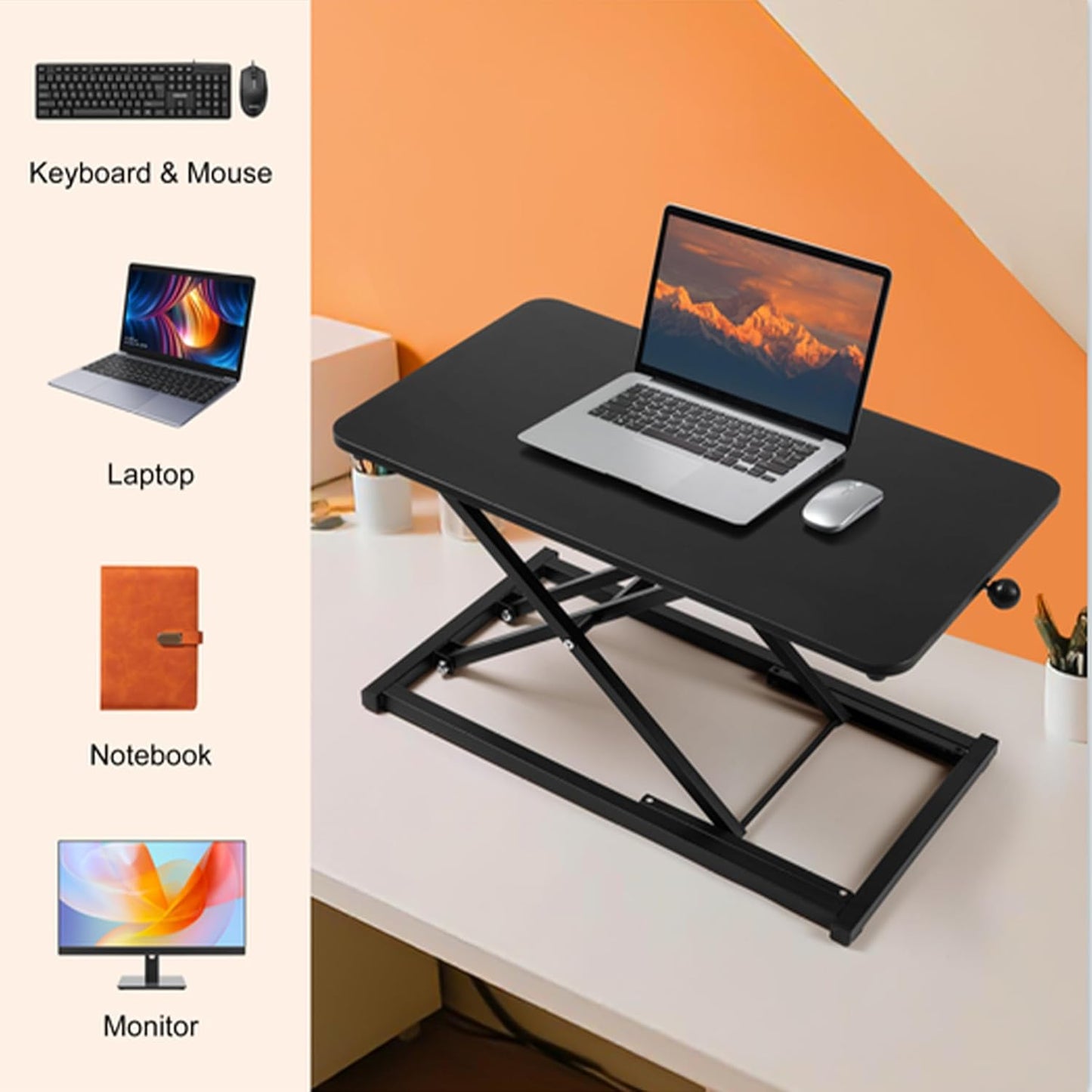 Standing Desk Converter Height Adjustable, Stand up Desk Riser, Easy Lift Height Converter Computer Workstations Home Office Study Room Portable Small Table Black Size 23.6 Inch C