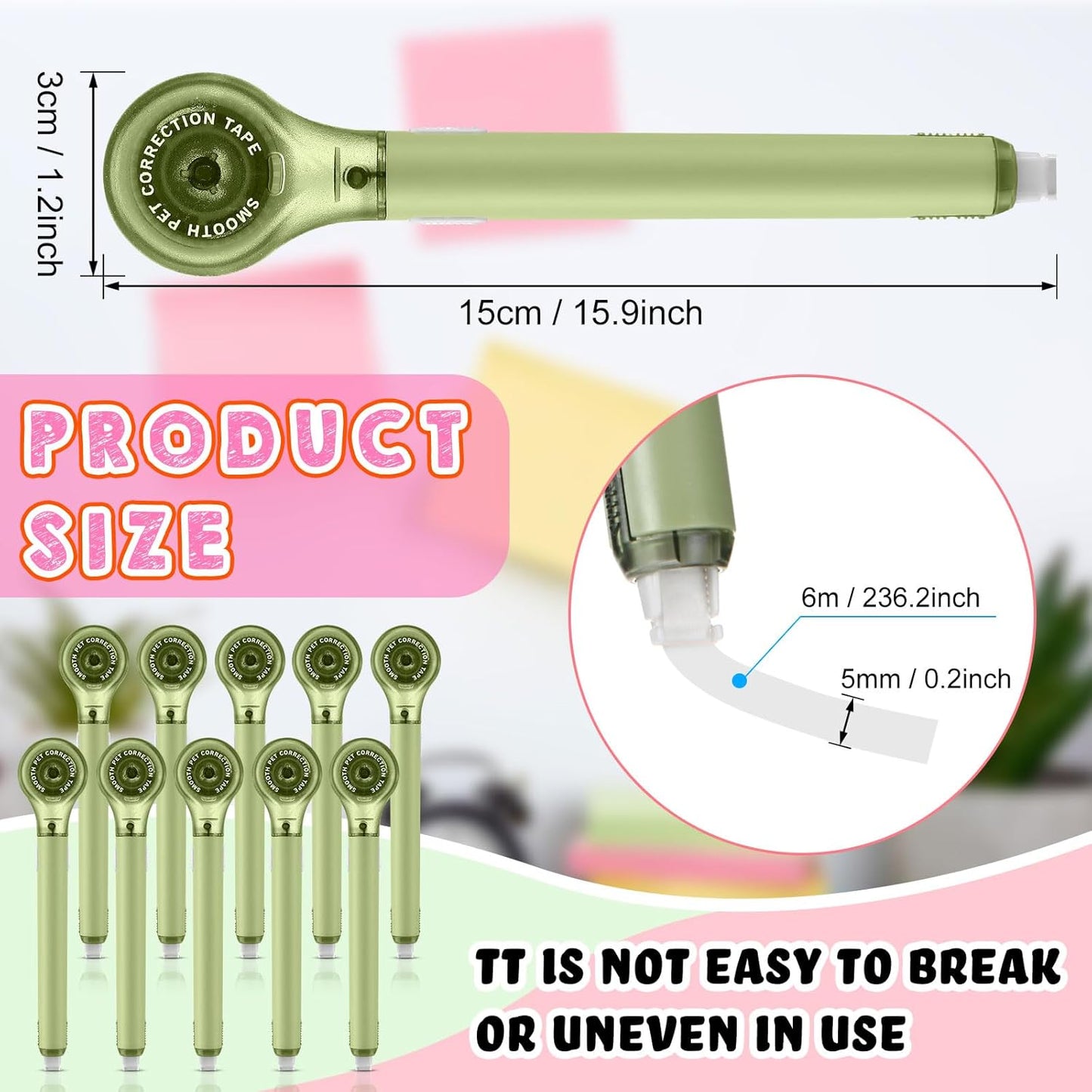 10 Pack Correction Tape Pen Correctional Ink Tape Push Pull Protective, Easy to Use Applicator for School Office Supplies, 0.2 x 236 Inch (Green Color)