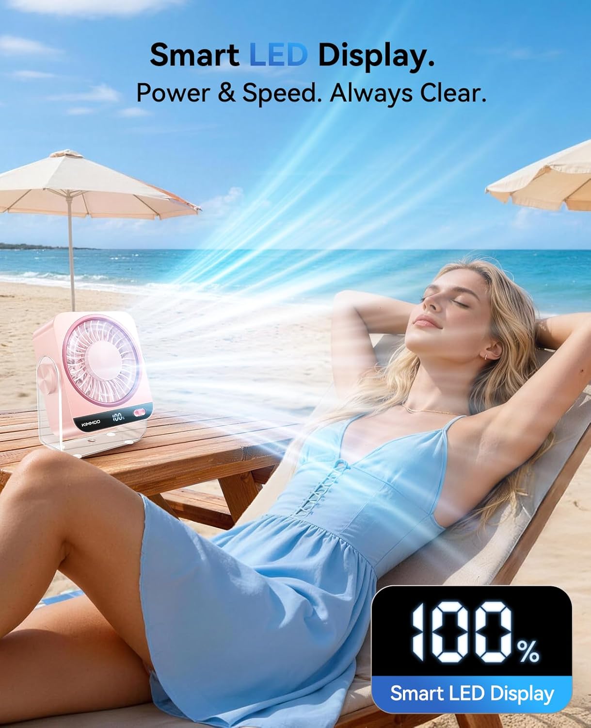 KIMMOO Desk Fan for Bedroom, Rechargeable USB Turto Table Fan, 199 Speeds, 270° Rotating, Quiet Small Desk Fan with LED Display, Personal Desktop Cooling Fan, Wall Fan for Home Office Travel (Pink)