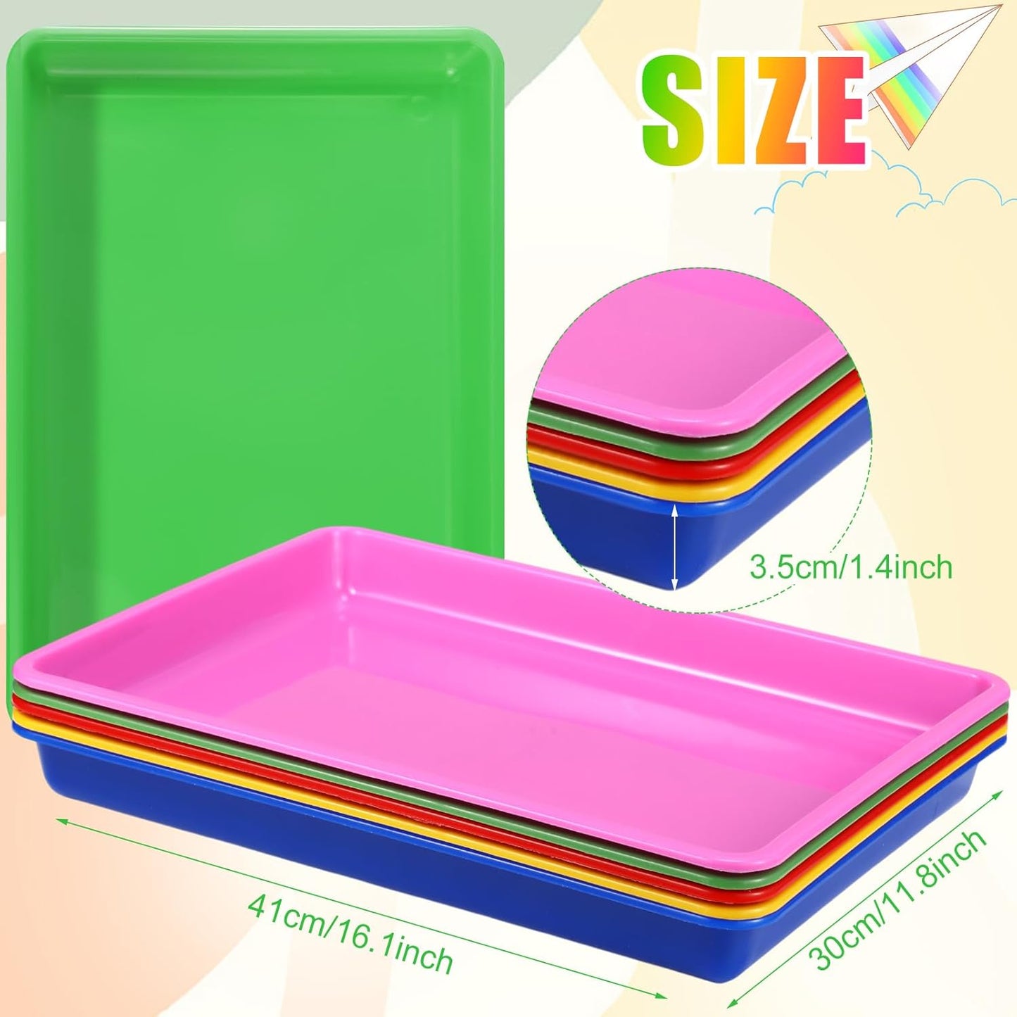 Maitys 15 Pcs Flat Plastic Trays 16.1 x 11.8'' Sensory Storage Paper Tray Stackable Classroom Bins for Office Home Organizer Crafts Supplies(Bright Color)