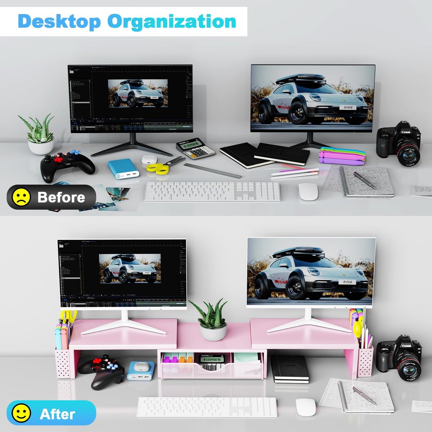 Spacrea Metal Desk Organizers and Accessories, Dual Monitor Stand Riser with Drawer and 2 Pen Holders, Desk Accessories & Workspace Desktop Organizers for Office Supplies (Pink)