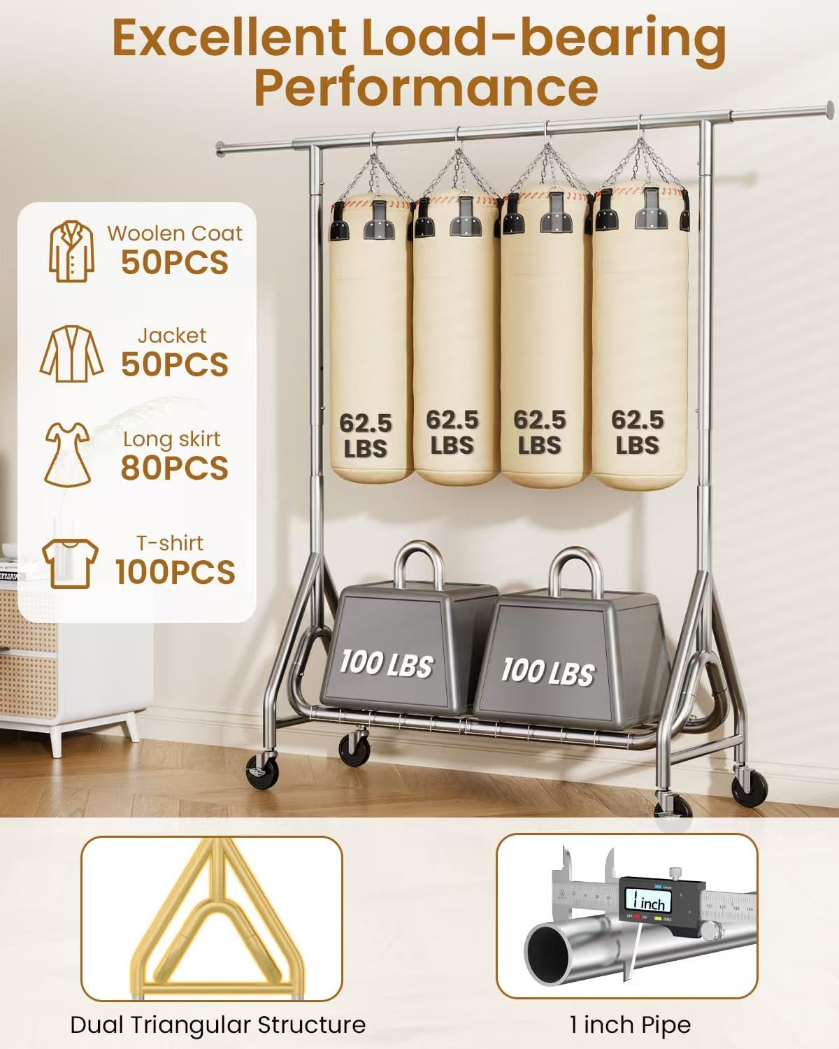 Heavy Duty Clothing Rack, Metal Clothes Rack Load 450 LBS, Rolling Coat Racks for Hanging Clothes with Lockable Wheels, Wardrobe Closet Garment Racks for Bedroom, Silver - Lumora Desk