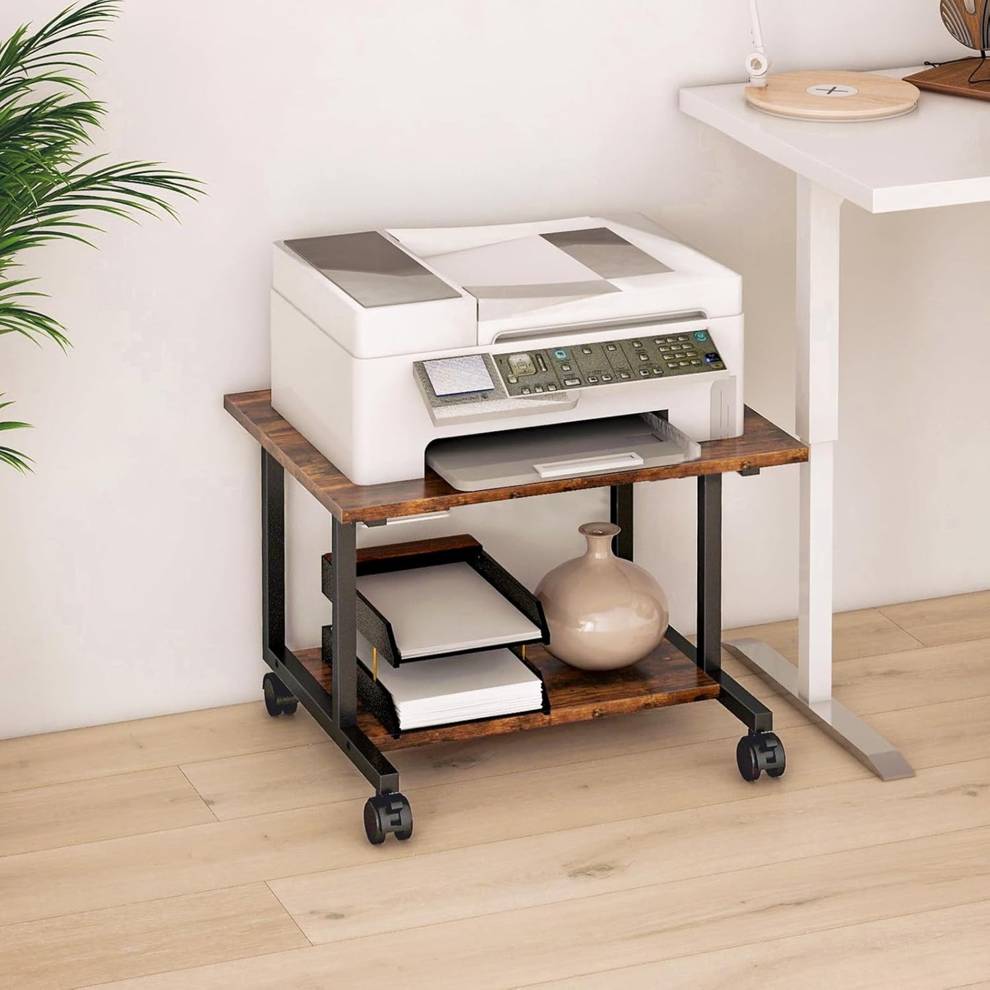 Livofloral Under Desk Printer Stand with Storage Shelf, 2-Tier Industrial Mobile Printer Table for Home and Office, Printer Stand with Wheels,Rustic Brown