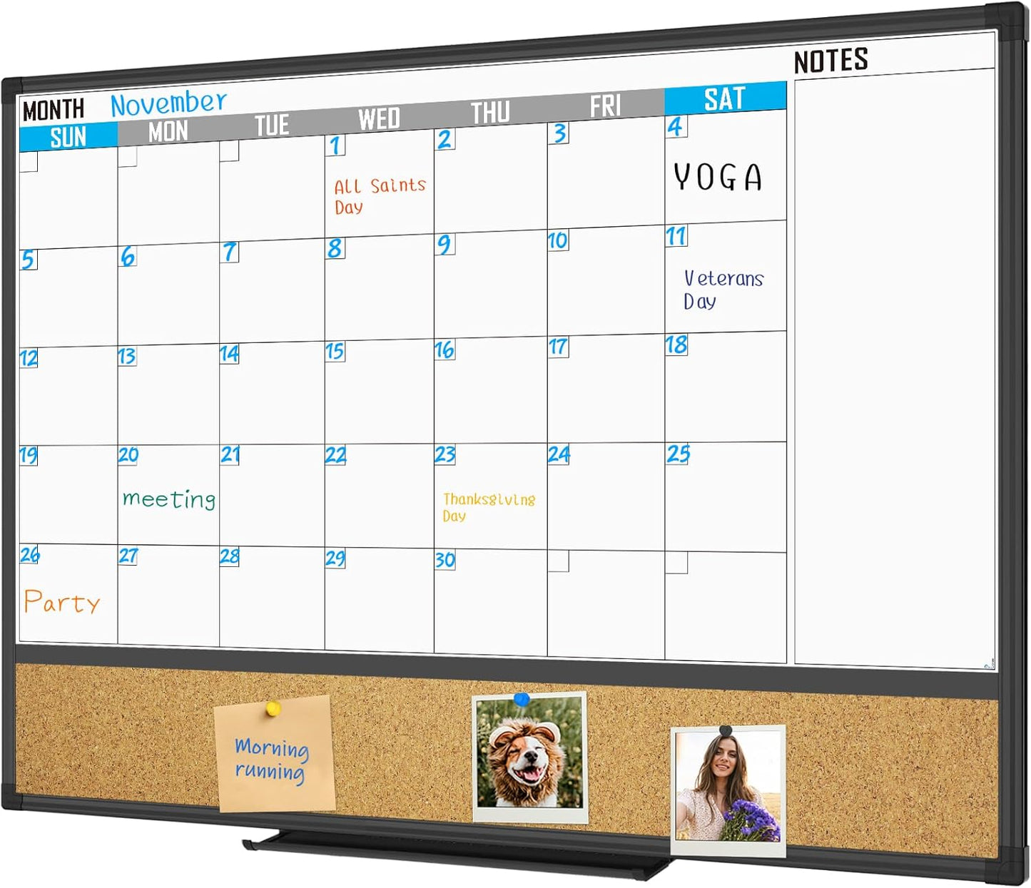 XBoard Dry Erase Calendar Whiteboard 48 X 36 - Combo White Board Calendar Monthly, Magnetic White Board + Corkboard with Black Aluminum Frame, Colorful Push Pins & Marker Tray Included - Lumora Desk