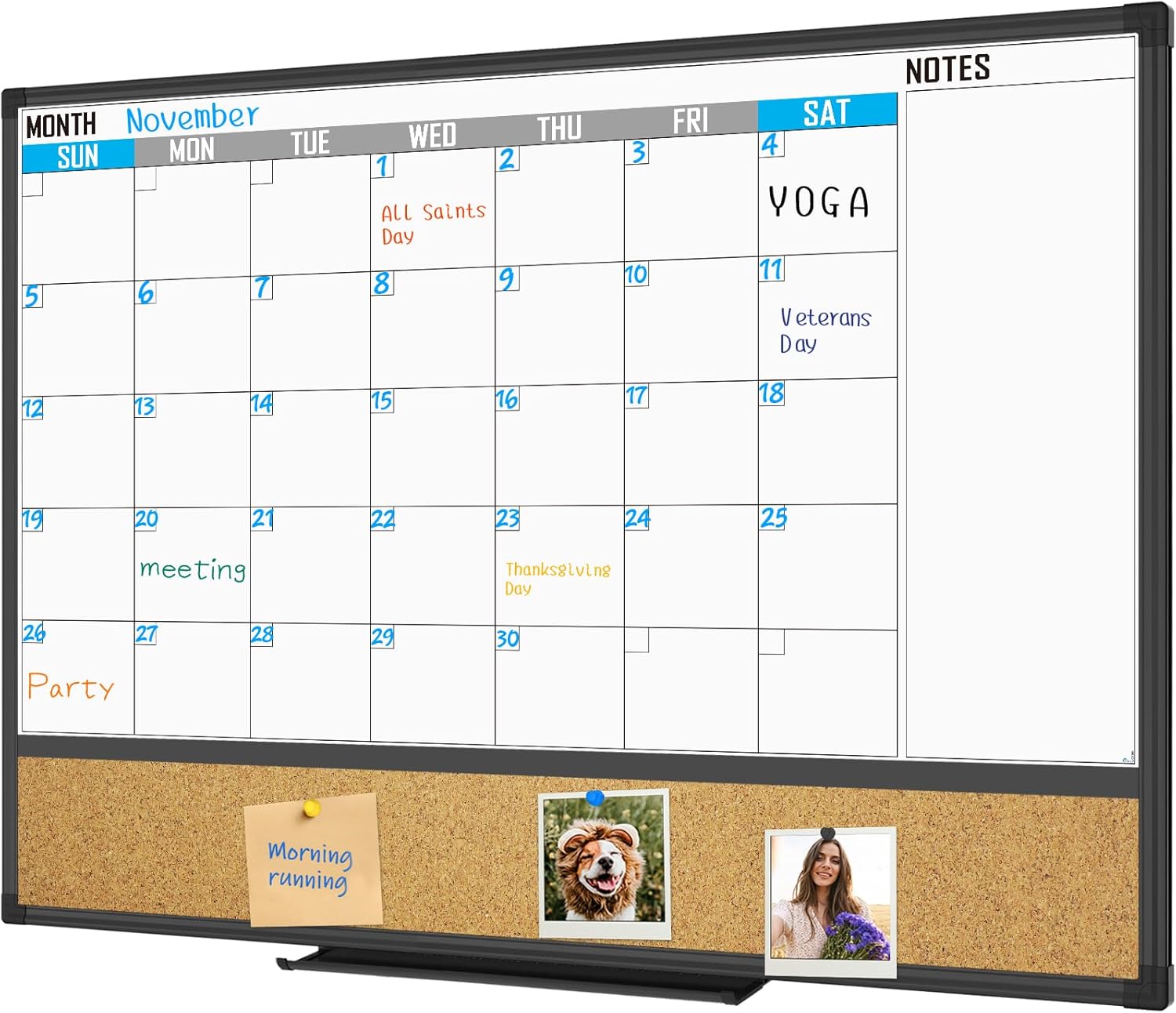 XBoard Dry Erase Calendar Whiteboard 48 X 36 - Combo White Board Calendar Monthly, Magnetic White Board + Corkboard with Black Aluminum Frame, Colorful Push Pins & Marker Tray Included - Lumora Desk
