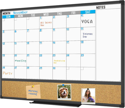 XBoard Dry Erase Calendar Whiteboard 48 X 36 - Combo White Board Calendar Monthly, Magnetic White Board + Corkboard with Black Aluminum Frame, Colorful Push Pins & Marker Tray Included - Lumora Desk