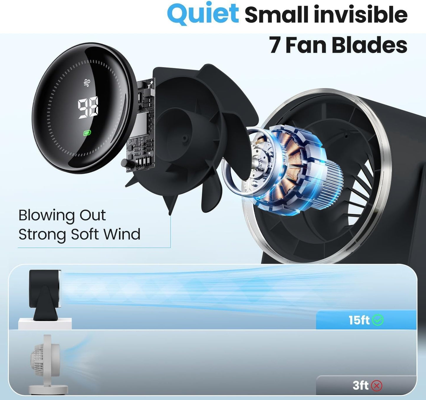 Small Desk Fan, 28dB Ultra-Quiet Desktop Air Circulator with 115° Adjustable Tilt, 100 Speeds, Rechargeable Battery, USB-Powered, Portable for Bedroom, Office, Kitchen, Travel -Bluish Black