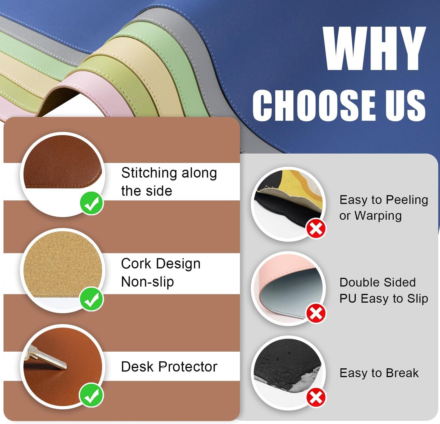 Large PU Leather Desk Pad Protector, Non-Slip Computer Mat, 55'' x 17'' Office Mat for Home & Office, Laptop Blotter Pad for Mouse and Keyboard, Brown