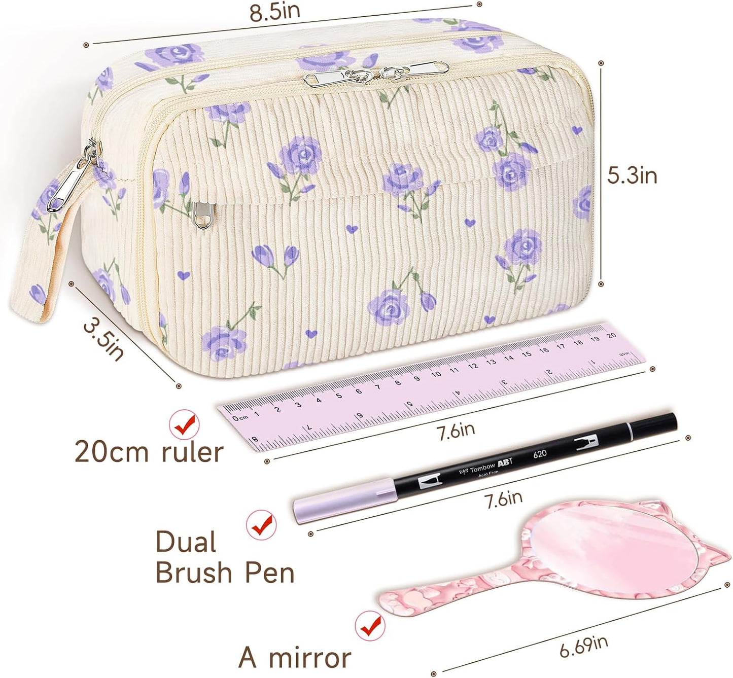 Large Pencil Pouch for Girls,Cute Corduroy Pencil Case Pouch Aesthetic Soft Pencil Bag for School, Zippered Pencil Organizer School Supplies for Teen Girls Women Gift (purple floral)
