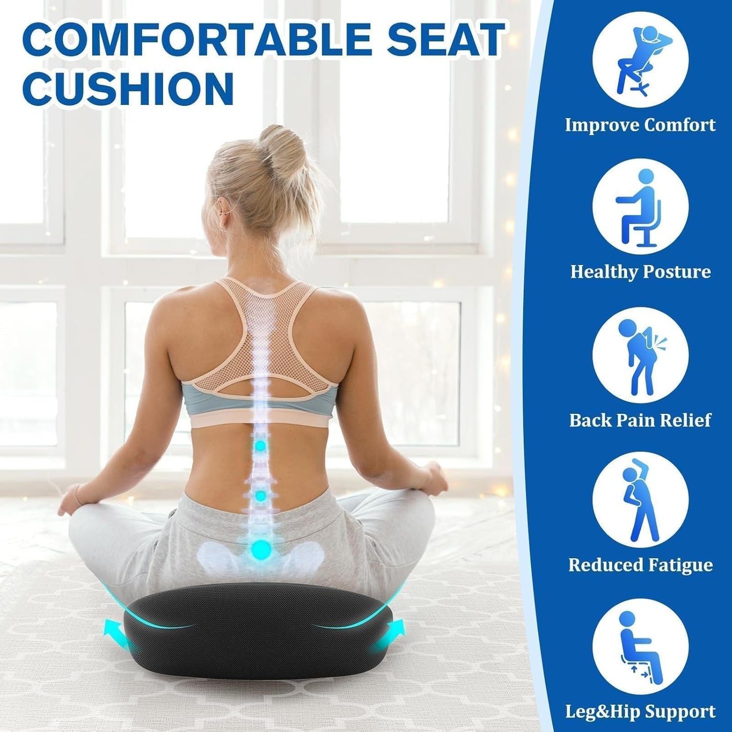 TranquilRelax Seat Cushion Office Chair Cushion for Back & Tailbone & Sciatica Pain Relief, Black Memory Foam Desk Chair Cushion Pressure Relief Seat for Long Sitting Car Drivers, Office Worker