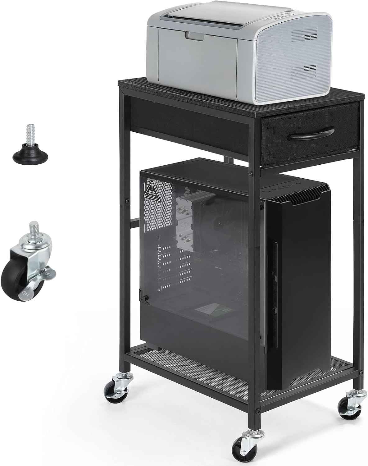 YBING PC Stand 2 Tier Computer Tower Stand with Drawer Mobile Computer Cart with Storage Metal CPU Holder on Wheels Pc Tower Stand Black Rolling Computer Tower Stand Floor for Office