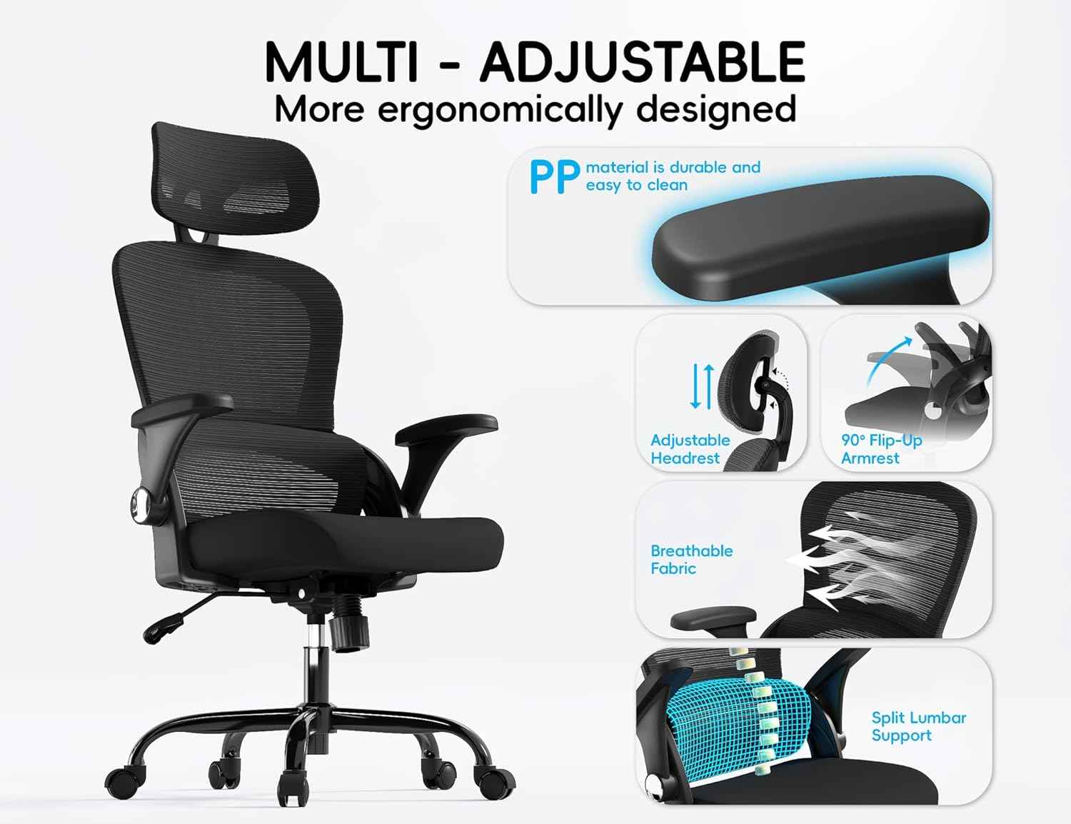 TRALT Office Chair - Ergonomic Office Chair with Back Support, Computer Chair - Home Office Desk Chair, 330 lbs Wide Seat Big and Tall Office Chairs with Headrest, Comfy Desk Chairs (Black)