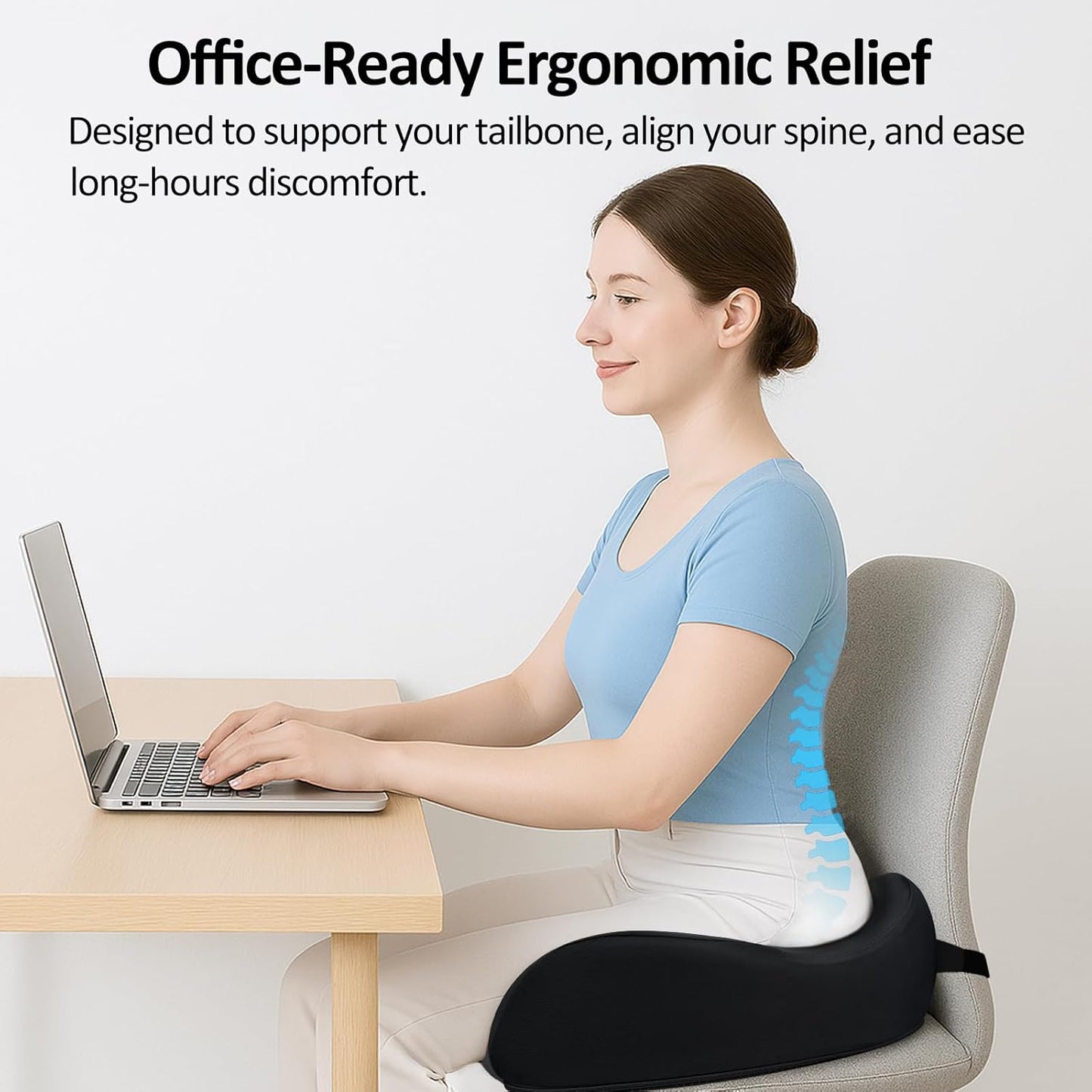 X Large Memory Foam Seat Cushions for Office Chairs, Long Sitting Pressure Relief Ergonomic Office Chair Cushion for Butt Coccyx Tailbone Sciatica, Car Seat Booster for Height (Pure Black)