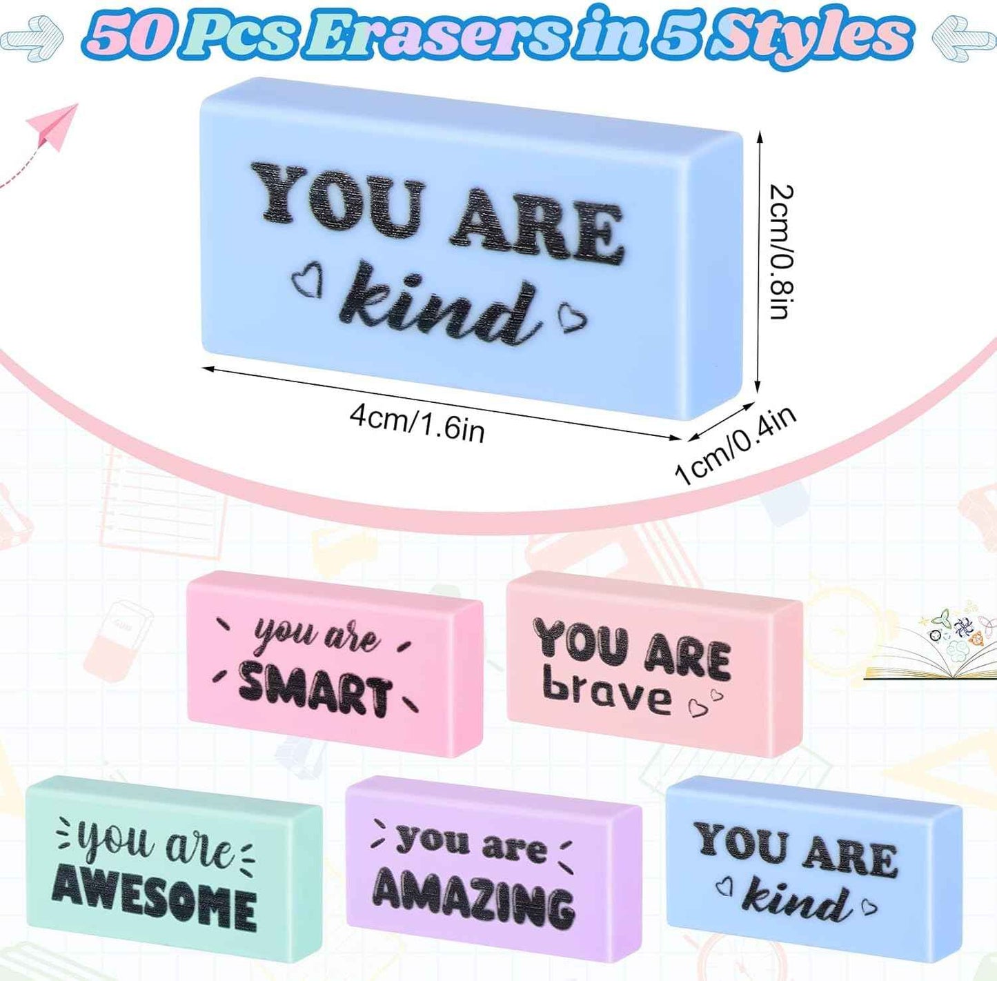 50 Pcs Inspirational Pencil Erasers Bulk Fun Motivational Eraser for Kids Students Teachers Back to School Office Supplies Prize Reward Graduation Gift