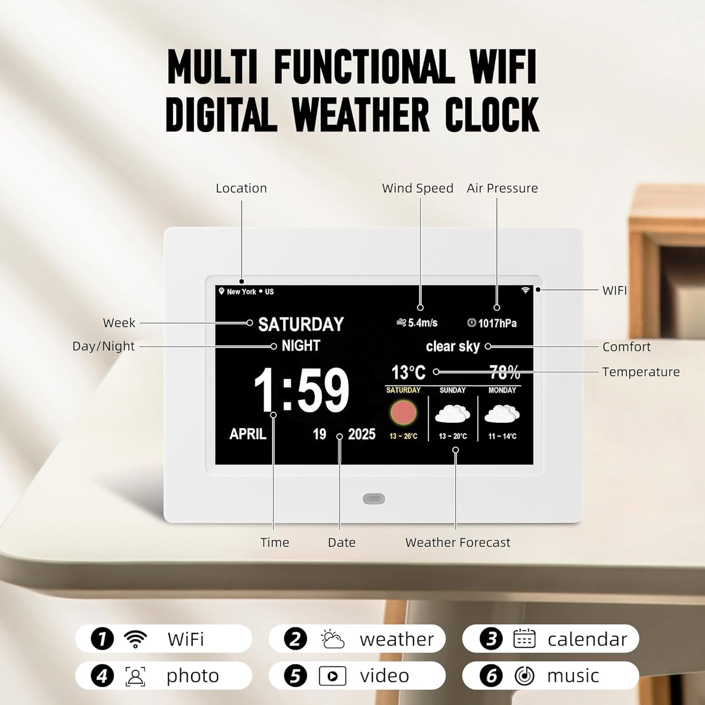 WiFi Digtial Wall Clock,Desk Clock with Weather Temperature Humidify,10 Day Weather Forecast,Weather Station with Digital Calendar and Dementia Alarm clockx for Seniors.(Whith, 7 inches)