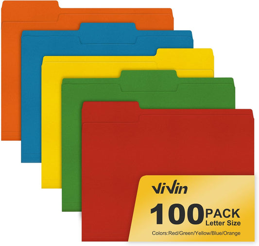 ViVin File Folder, 100 Pack Colored File Folders with 1/3-Cut Tabs, Fits 8.5 * 11 Letter Size Paper, Manilla Folders for Home Office School Documents(Assorted)