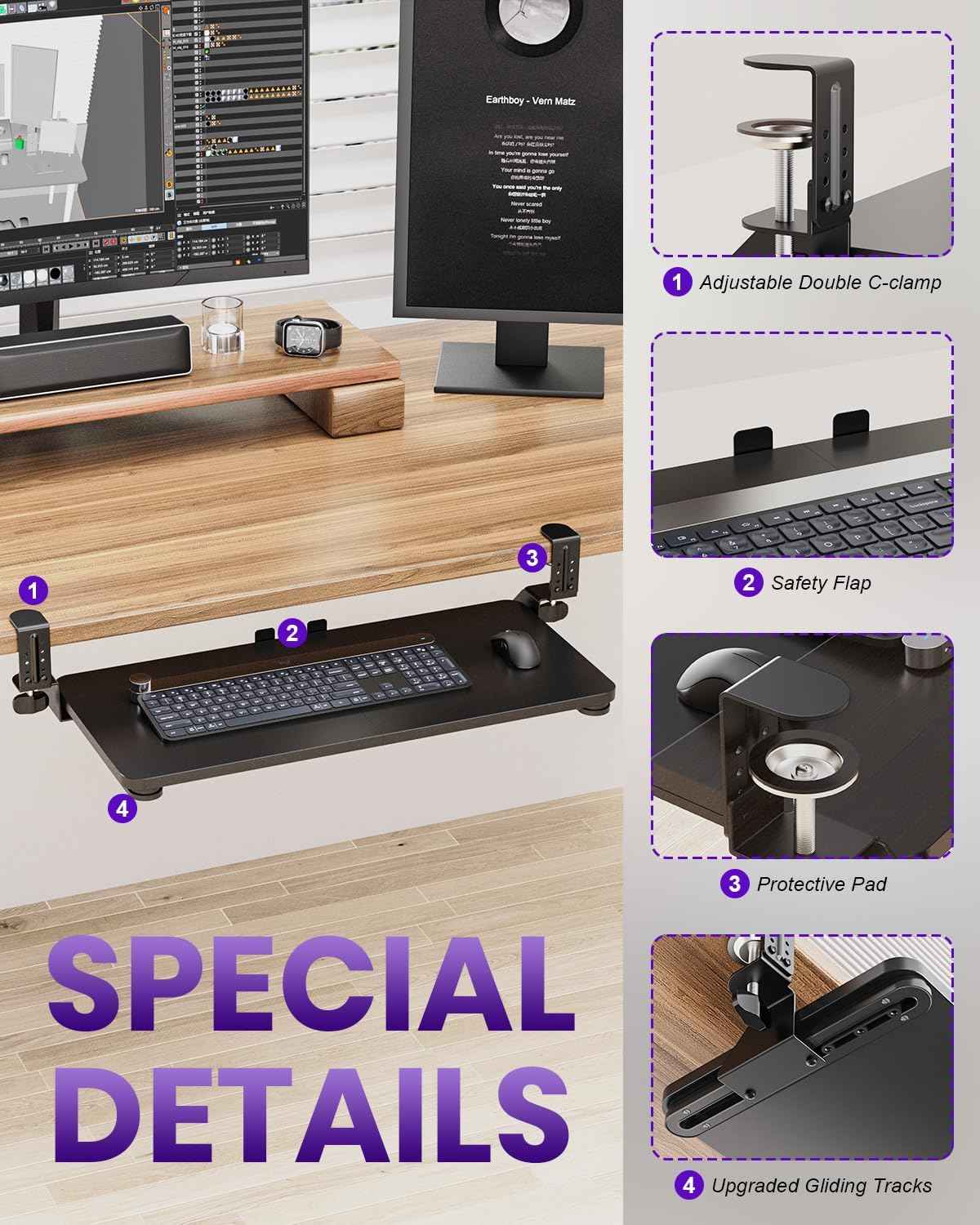 Ergonomic Keyboard Tray Under Desk, Pull Out with Adjustable C-clamp, 25.6 (31.5 Including Clamps) x 11.8 Inch Slide Out Computer Keyboard Drawer Mouse Tray for Typing, Large & Black