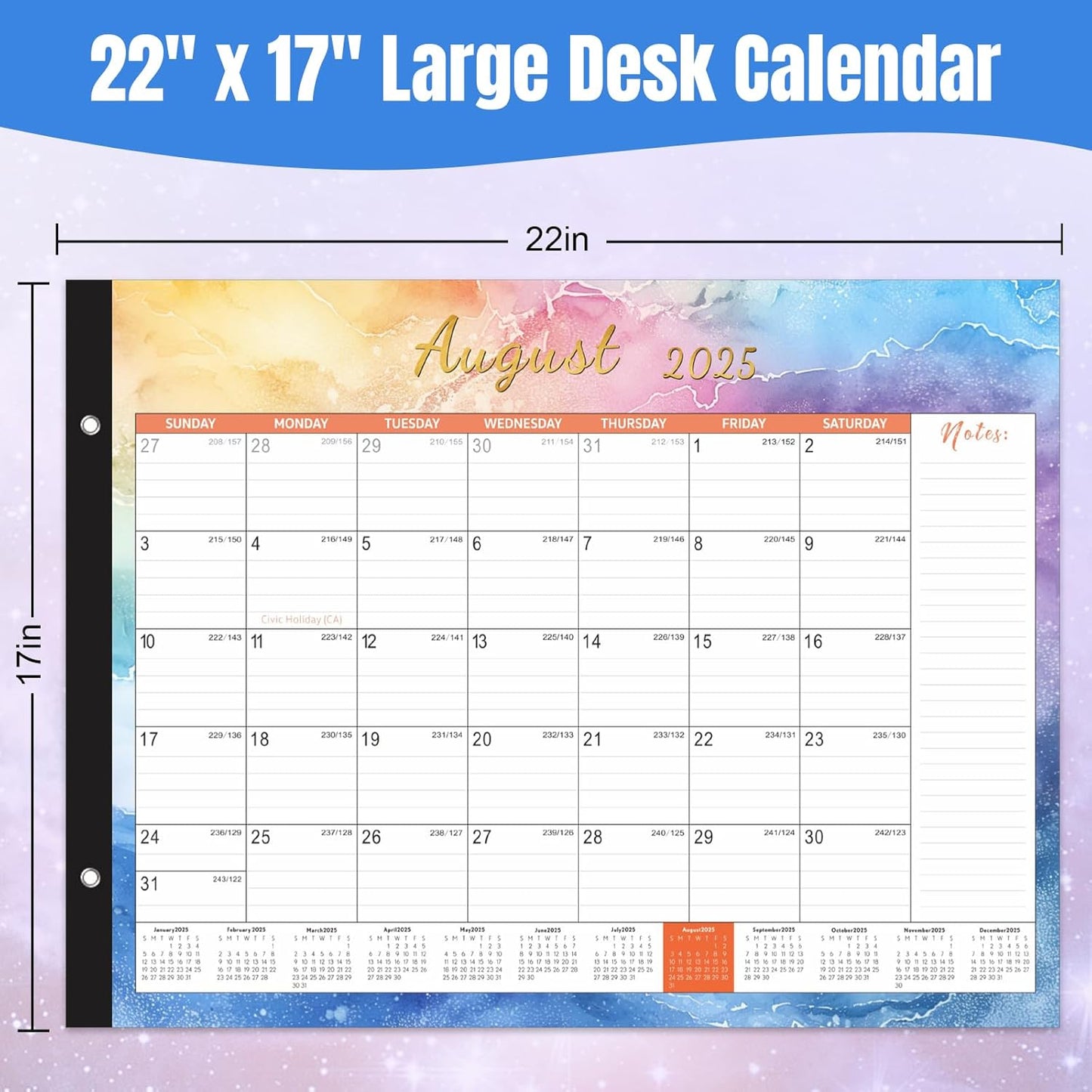 Gannyfer Desk Calendar 2025-2026, 18 Month Calendar July 2025 - Dec 2026, 22" x 17" Large Monthly Desktop Calendar with Notes, Daily Blocks, Thick Paper, Corner Protectors - Colorful Waterink (6 Stickers Included)