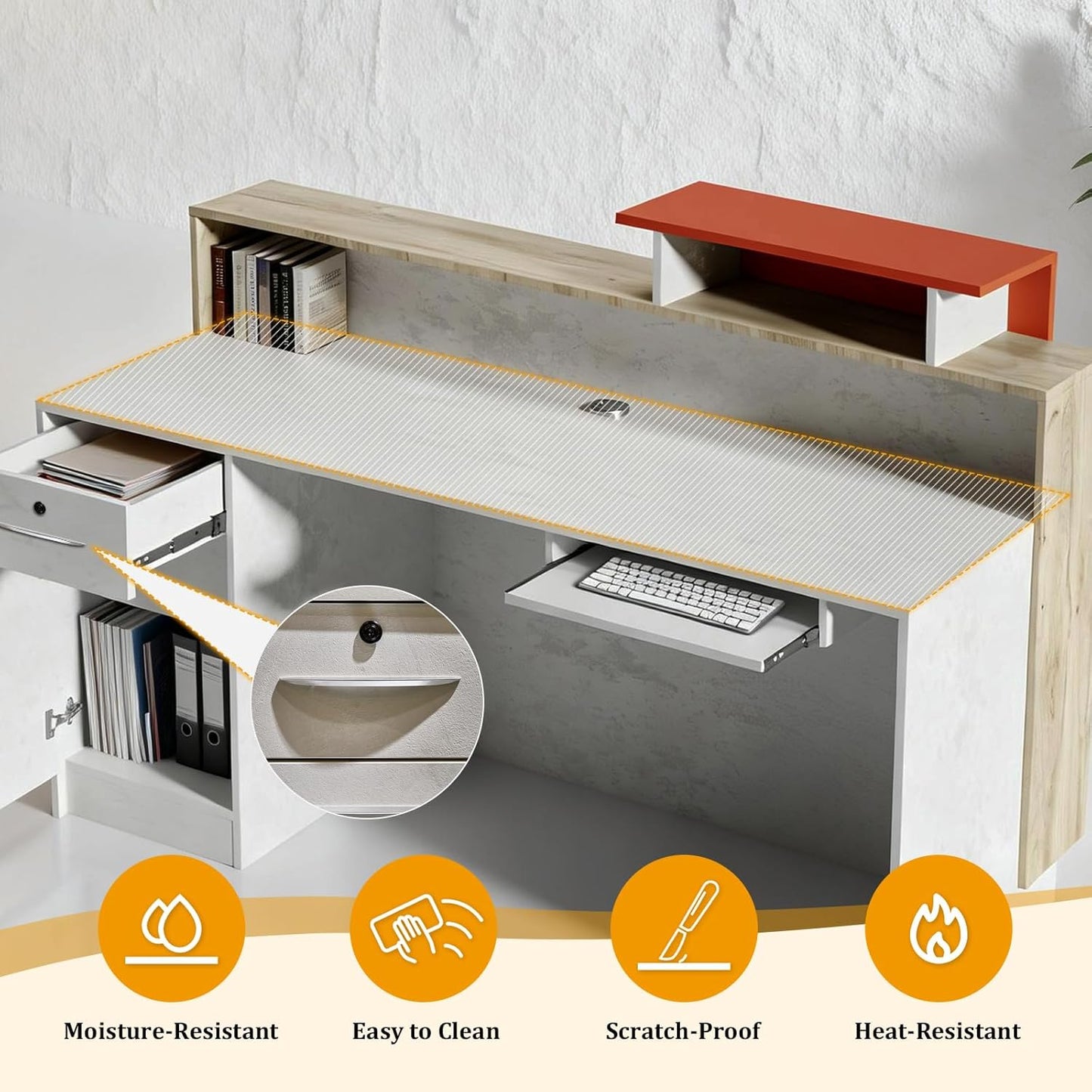 Modern Reception Desk with Counter & LED,Front Office Desk with Drawer, Keyboard Tray & Cabinet, White Stone Look & Wood for Hotel, Salon, Retail, Office Lobby (Right, 70.86 in)