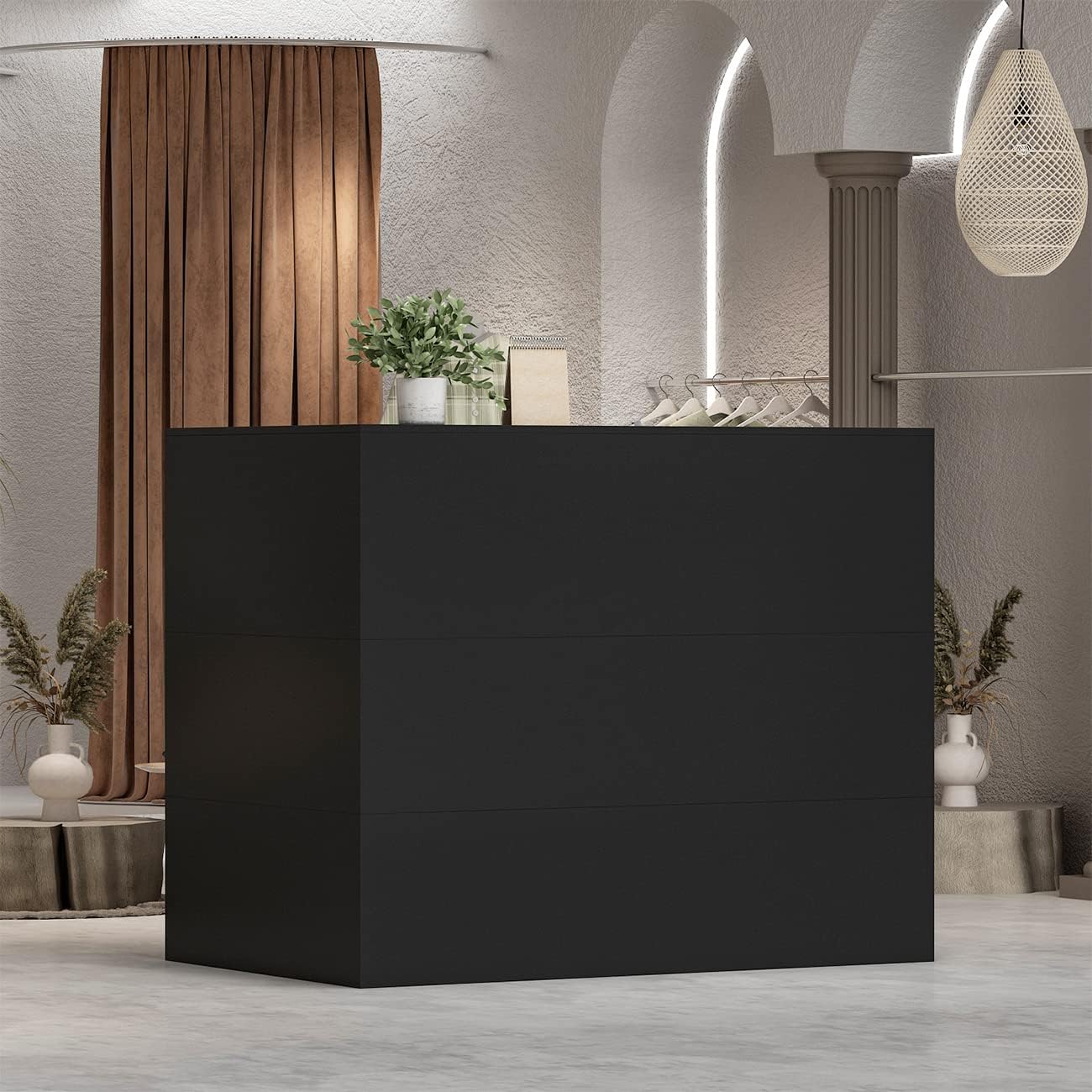 Modern Reception Desk Counter Table, L-Shap Reception Room Front Desk with Lockable Drawer & Open Shelves, Retail Counter for Salon Checkout Office, Black (55.9" W x 32.3" D x 48.4" H)