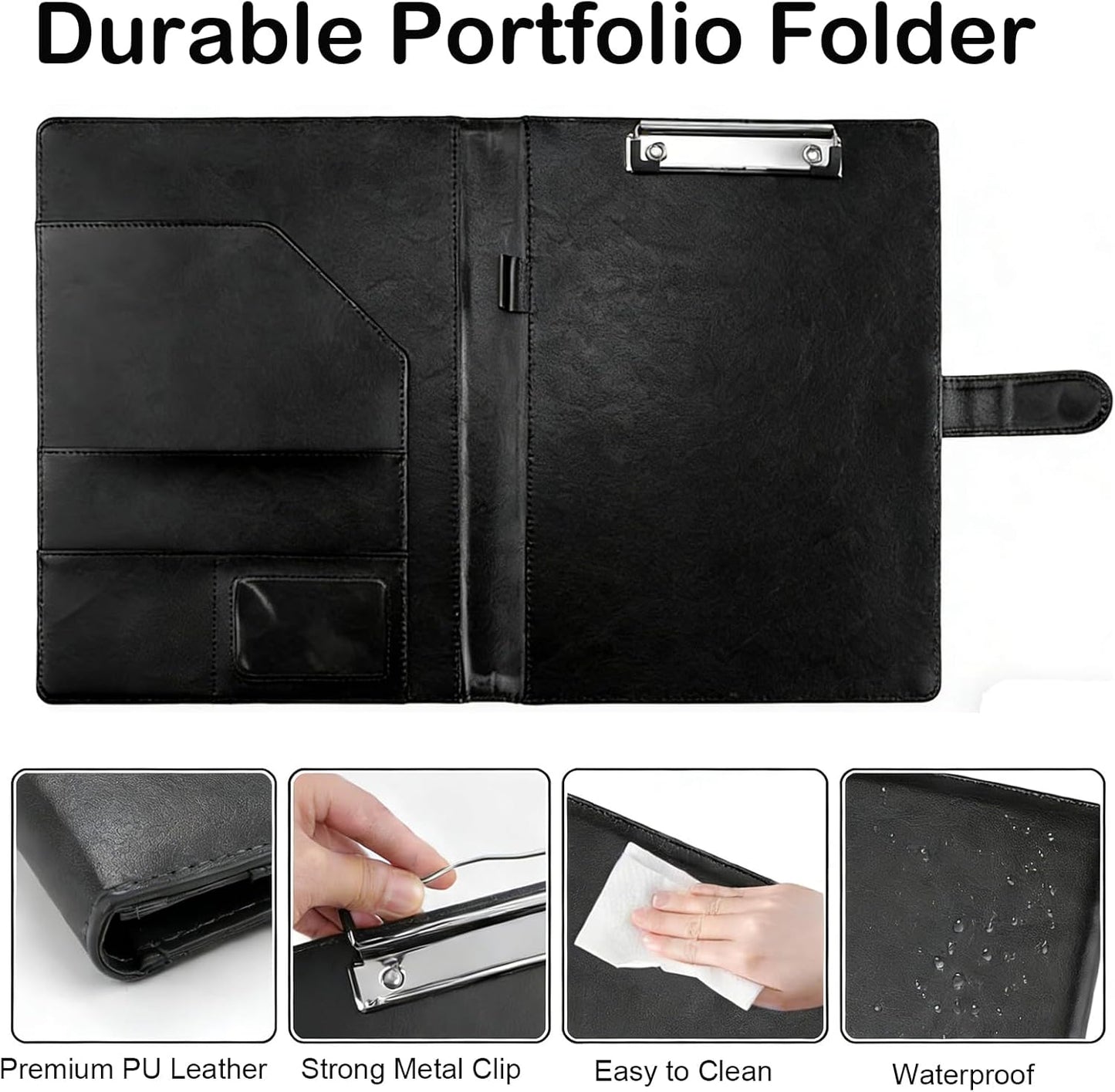 Padfolio Portfolio Binder with Clipboard, Professional Faux Leather Interview Resume Folder with Document Organizer & Business Card Holder, A4 Letter Size Notepad Legal Pad Holder for Office(Black)