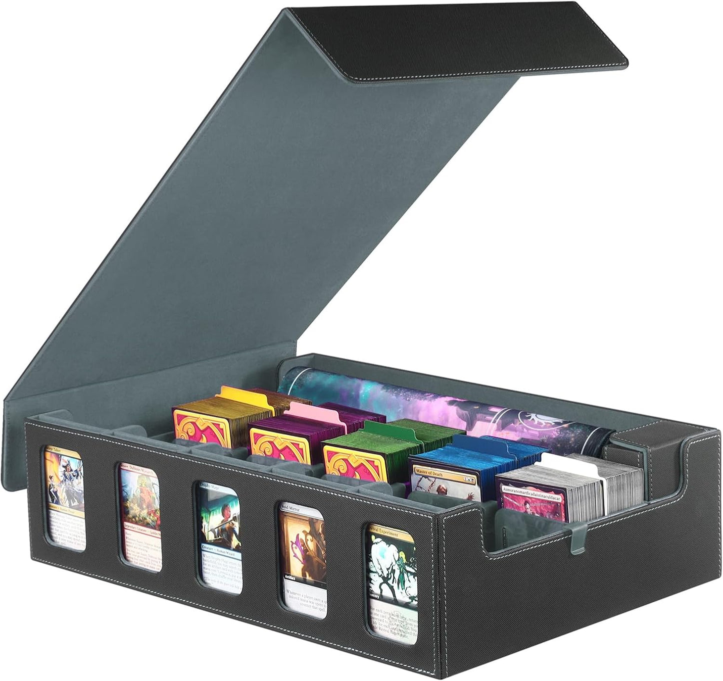 5-Row MTG Deck Box with Commander Display, Trading Card Storage Box for MTG TCG Sports Card，Card Deck Box with 1 Sieve box, 5 Toploaders, 5 Stoppers, 36 Colorful Dividers (Black & Grey)