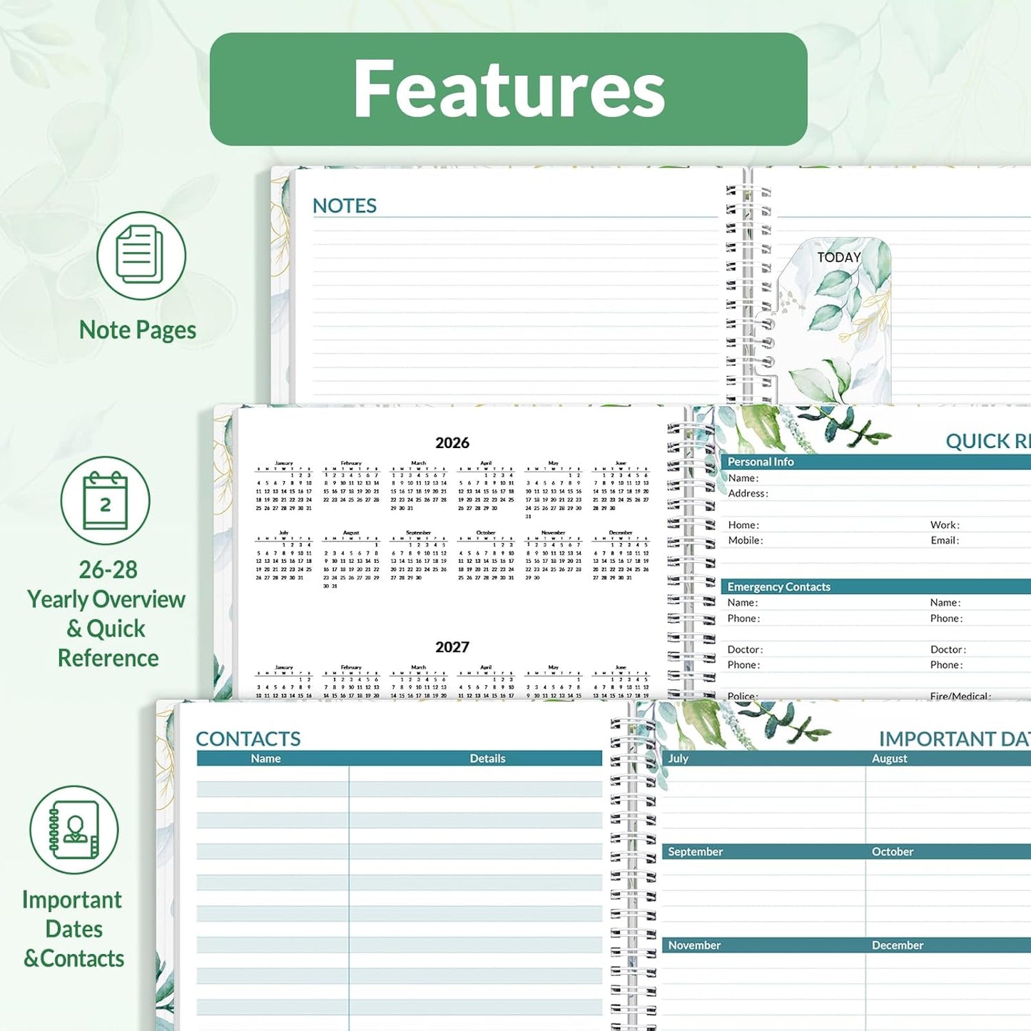 SUNEE 2026 Weekly and Monthly Planner - from January 2026 - December 2026, 8.5"x11" Daily Agenda Planner with Monthly Tab, Flexible Cover, Note Pages, Pockets, Bookmark, Spiral Binding, Eucalyptus