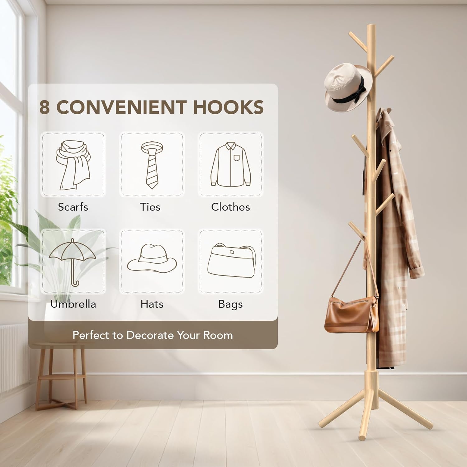 Wooden Tree Coat Rack Stand,Sturdy Freestanding Coat Rack with 8 Hooks,3 Adjustable Height for Child Adult,Wood Coat Stand Tree Fits Entryway Bedroom Office for Bags,Hats - Lumora Desk