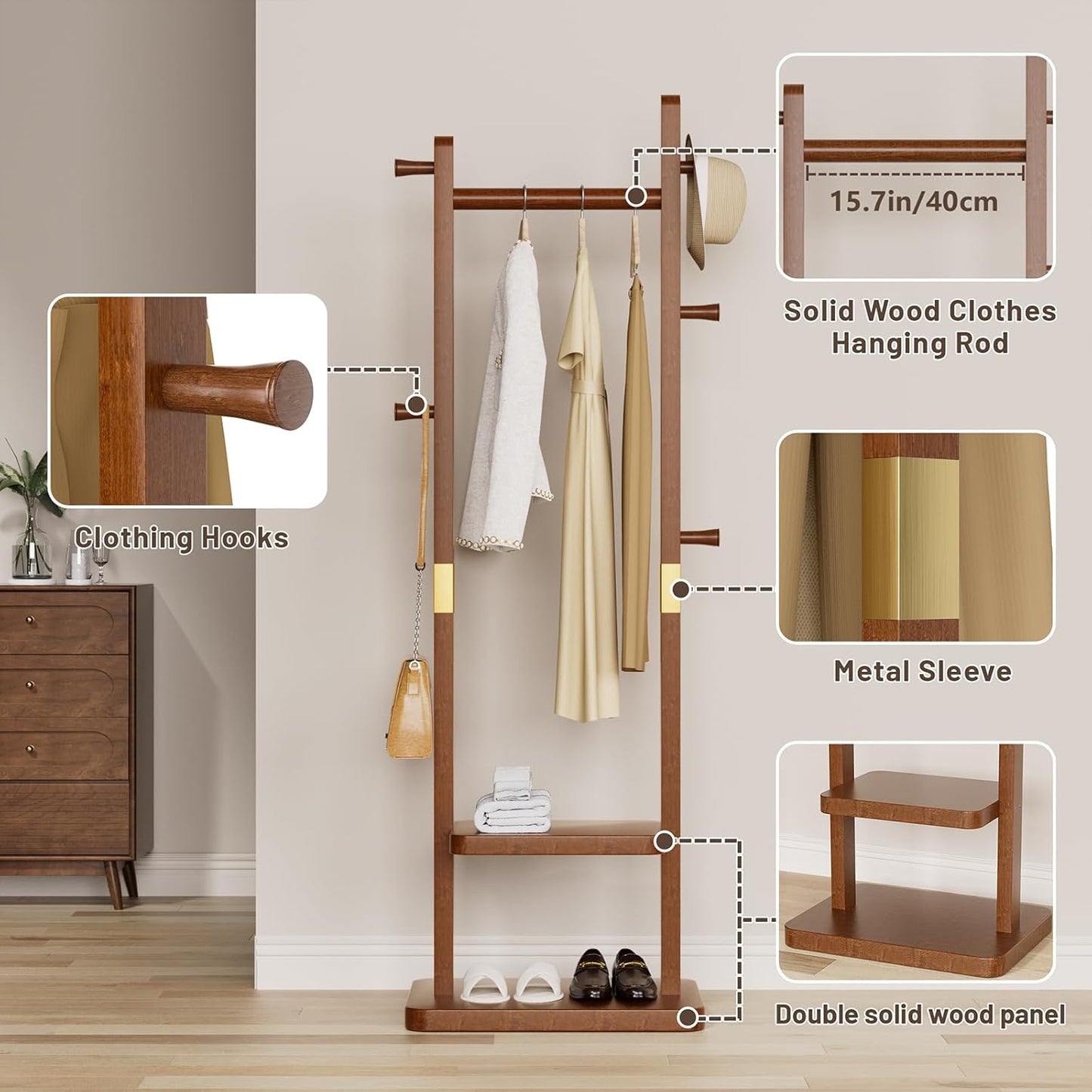 Solid Wood Coat Rack, Coat Rack Freestanding with 2 Shelves and 5 Hooks, Heavy Duty Coat Tree for Entryway，Living room，Coat Hanger Stand for Hats, Bags (Walnut Brown) - Lumora Desk