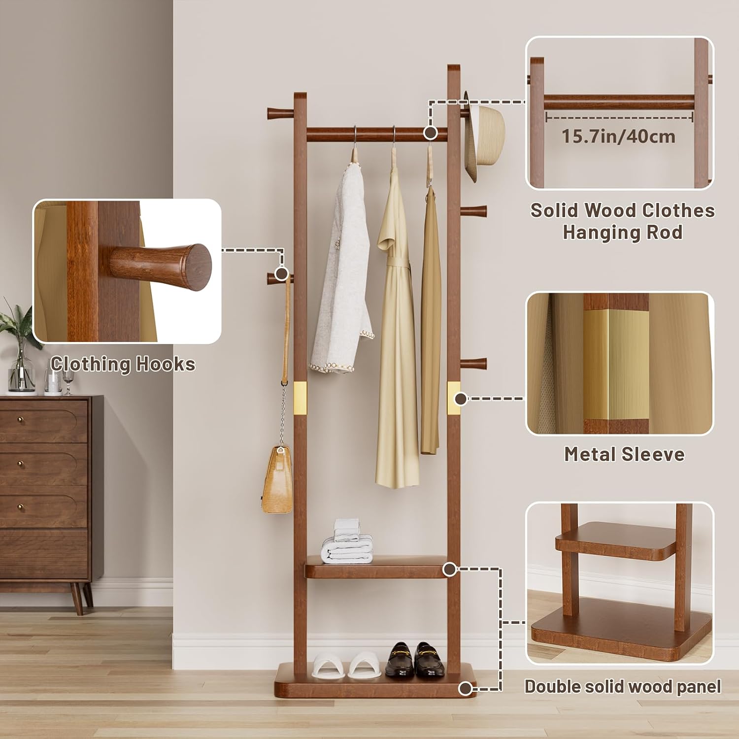Solid Wood Coat Rack, Coat Rack Freestanding with 2 Shelves and 5 Hooks, Heavy Duty Coat Tree for Entryway，Living room，Coat Hanger Stand for Hats, Bags (Walnut Brown) - Lumora Desk
