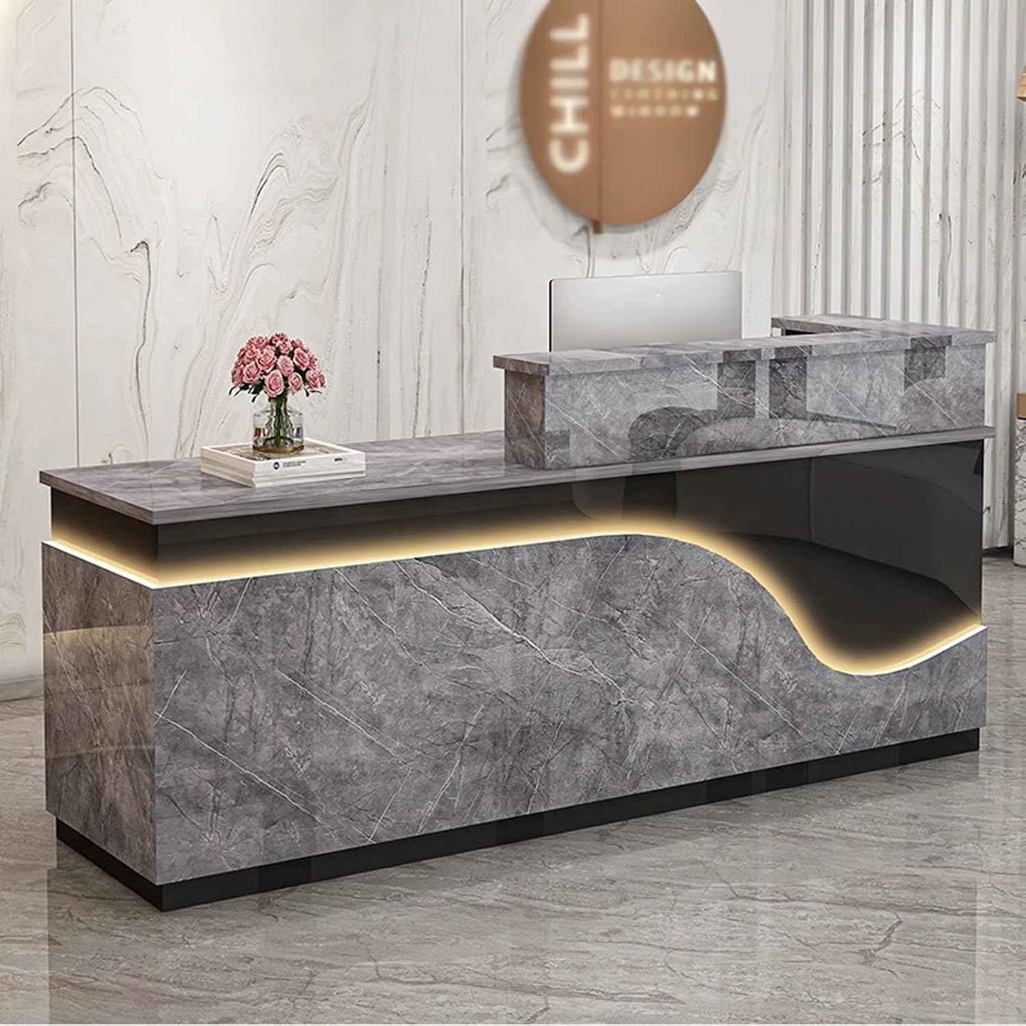 Front Desk Reception Counter, Front Counter Desk with Lockable Drawer, Reception Counter, Modern Retail Counter for Checkout Office/Beauty Salon/Lobby C-right(White+natural-R,Medium)