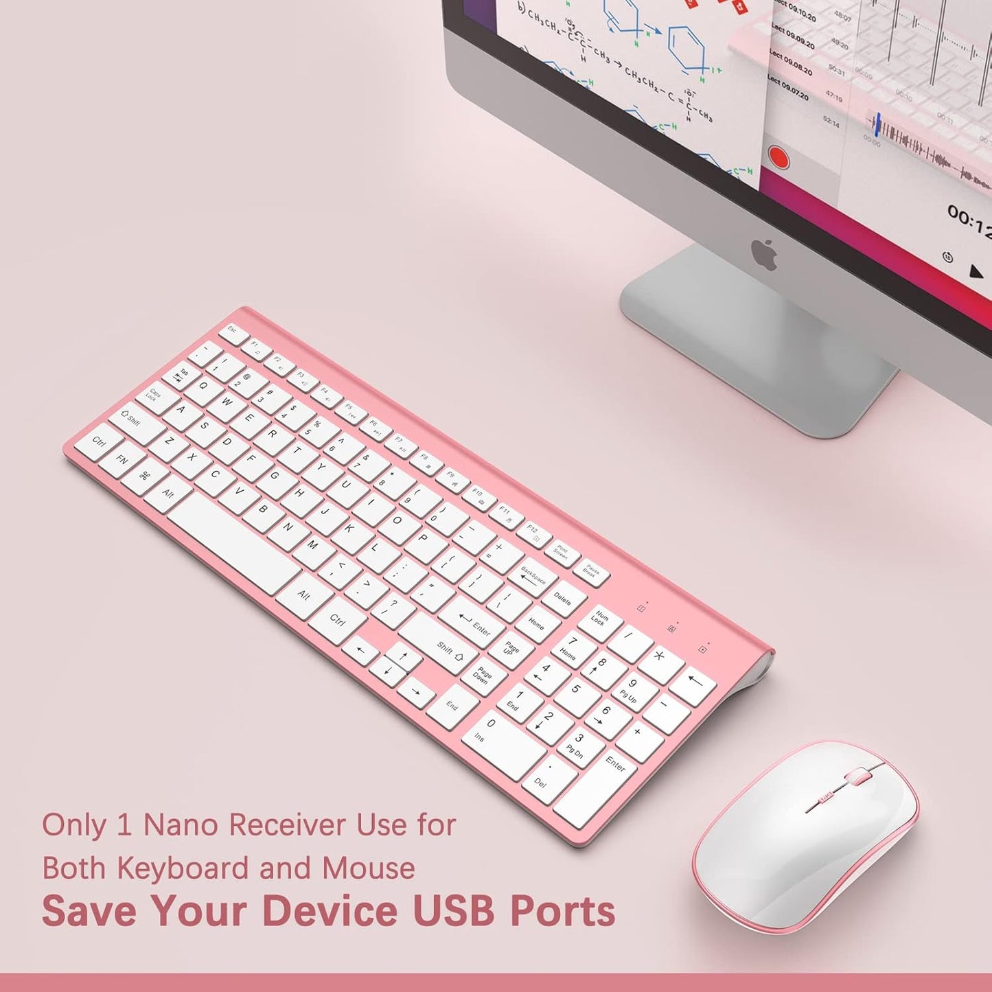 J JOYACCESS Wireless Keyboard Mouse Combo,Typewriter Keyboard Wireless, Portable Pink Wireless Keyboard for Computer/Laptop/Windows/Mac