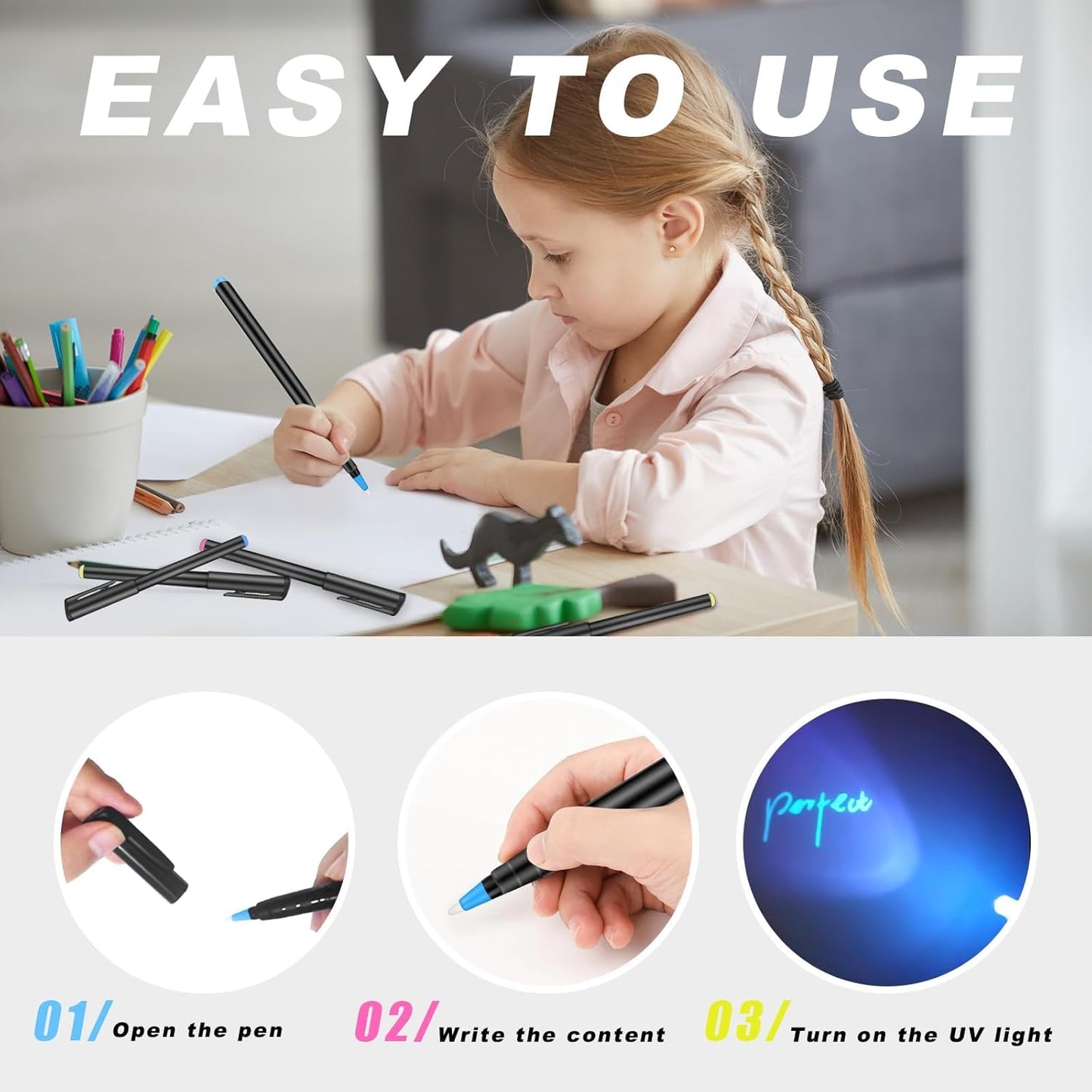 Invisible Ink Pen, Spy Pen with 6 PCS Mini UV LED Keychain Flashlight, Disappearing Ink Magic Pens with Black Light Markers for Secret Notes, Fit for Christmas Halloween Holiday Gifts (6 PCS)