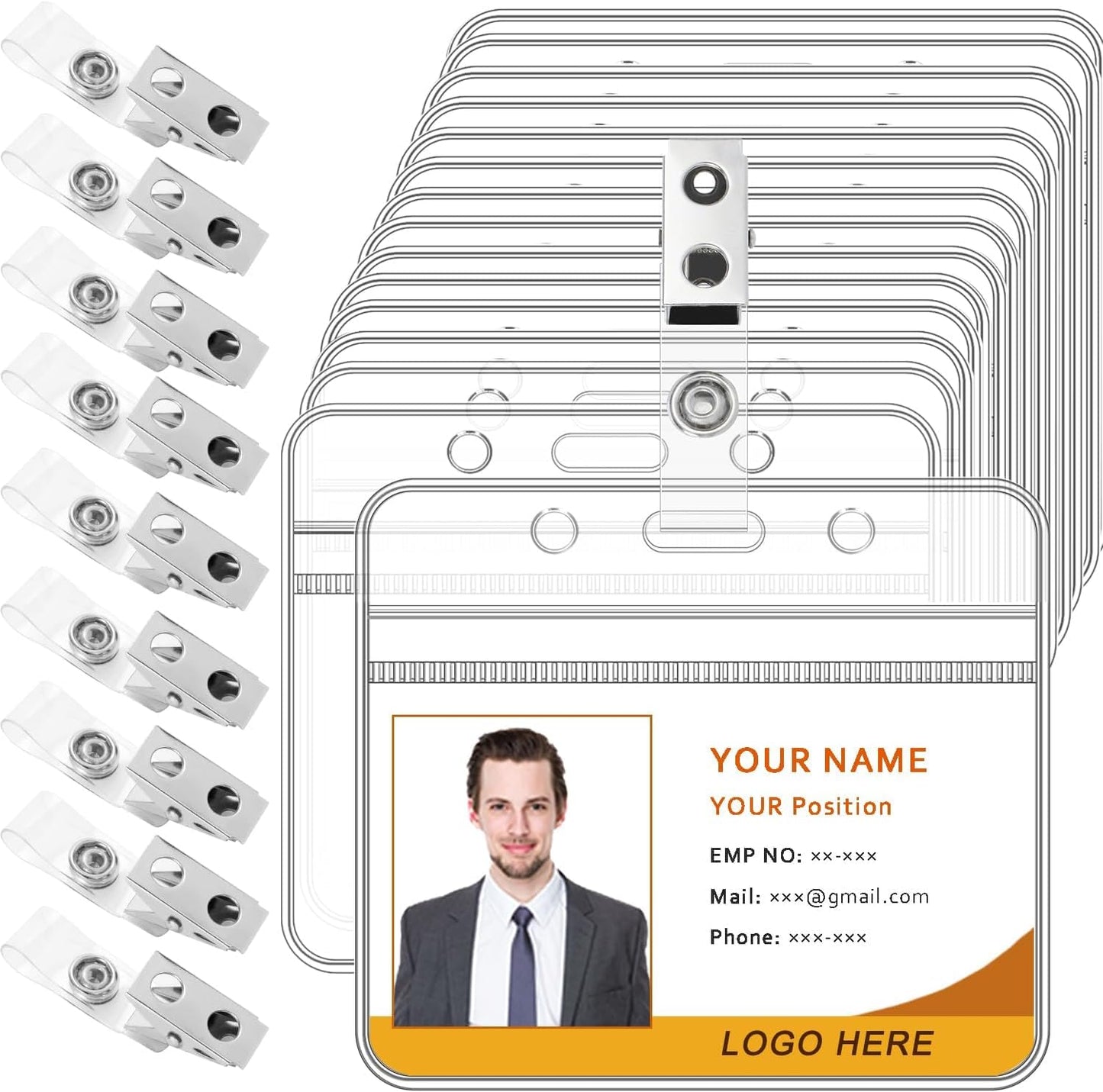 15 Pcs Badge Holders with Clip Extra Thick Clear Name Badge Holders Card Holder Plastic Horizontal Name Tag Holder with Waterproof Resealable Zip