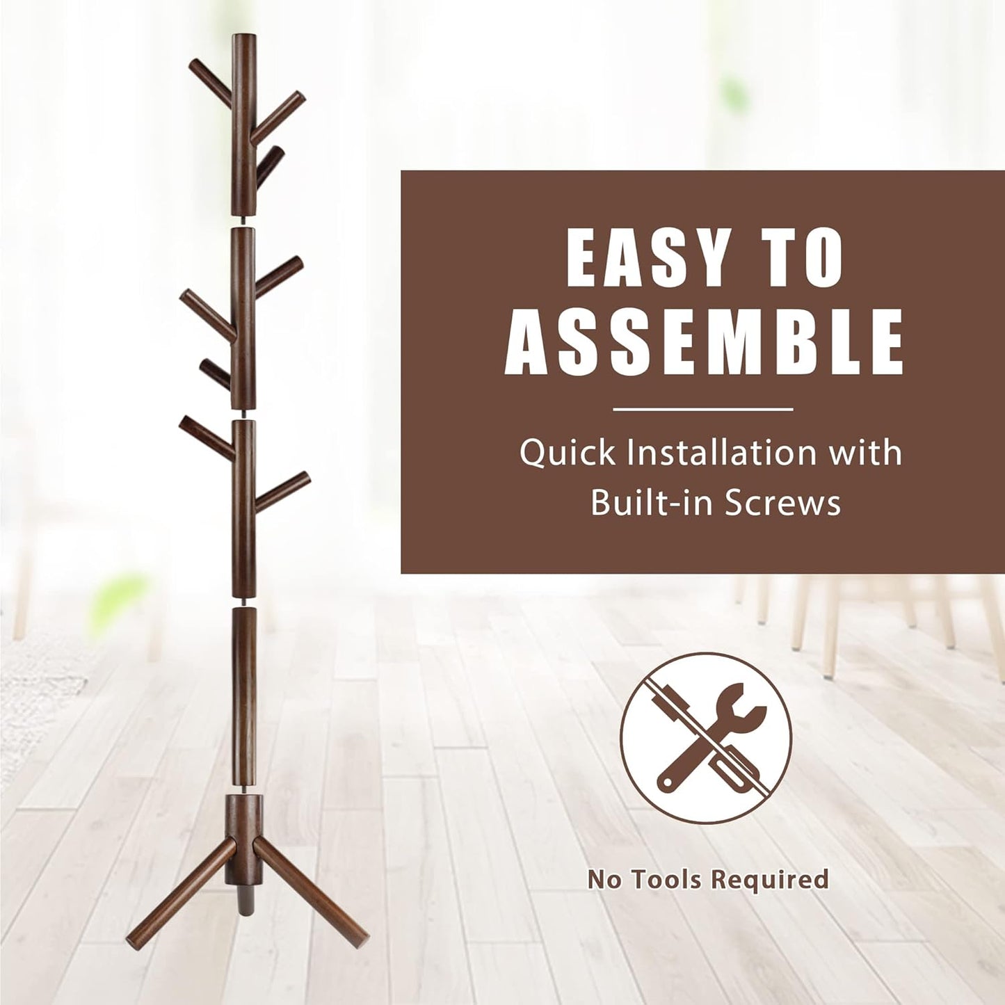 Haddockway Wooden Coat Rack Stand with 8 Hooks New Zealand Pine 3 Adjustable Coat Standing Tree Easy Assembly for Coats, Hats, Scarves and Handbags for Entryway, Hallway, Bedroom, Office - Lumora Desk