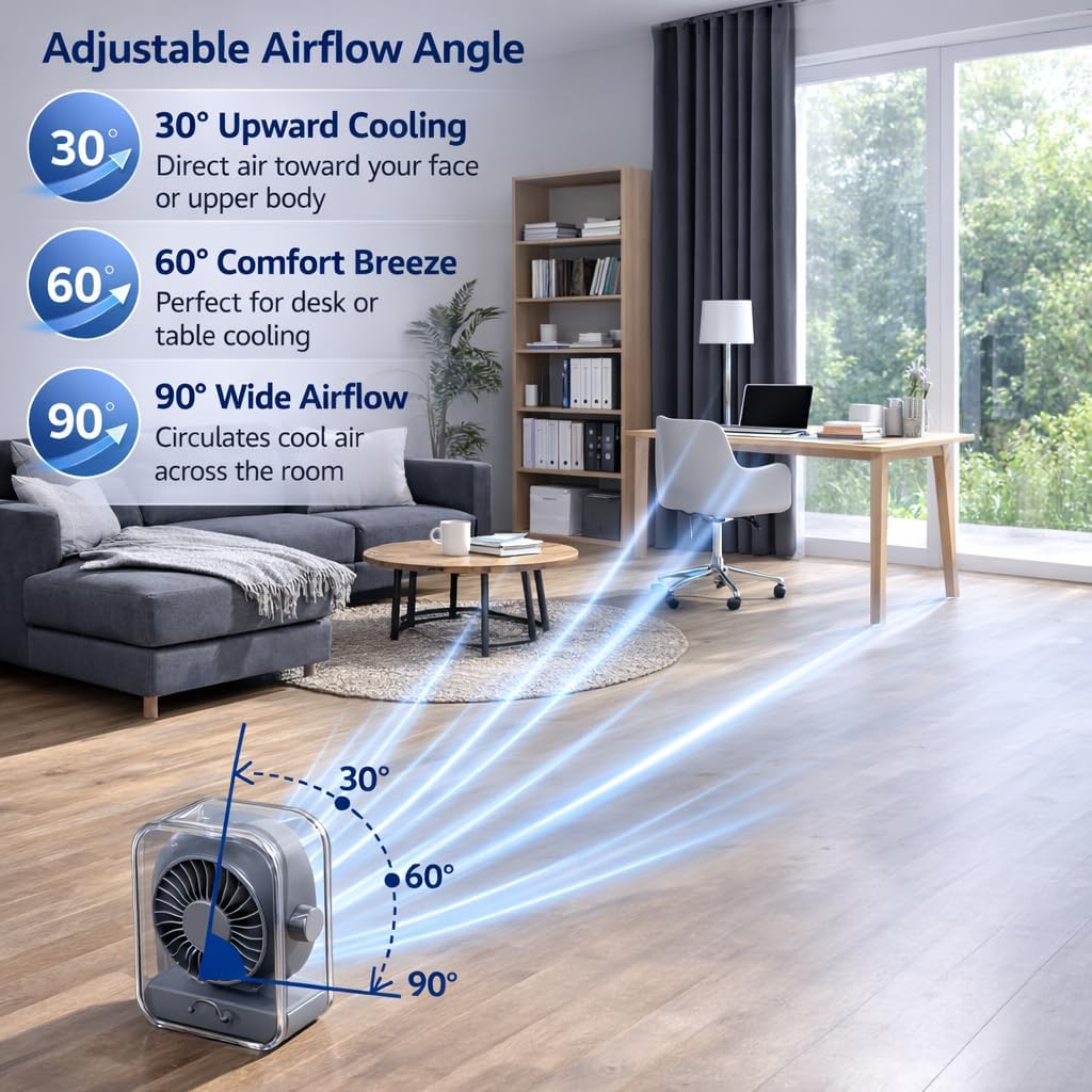 KALAMAN Desk Fan, 4000mAh Quiet Table Fan with Turbo Airflow, 6-Gear Speed Digital Display & 30° Adjustable Tilt, Rechargeable Battery Portable Fan for Home, Office, Travel (Grey/Purple)