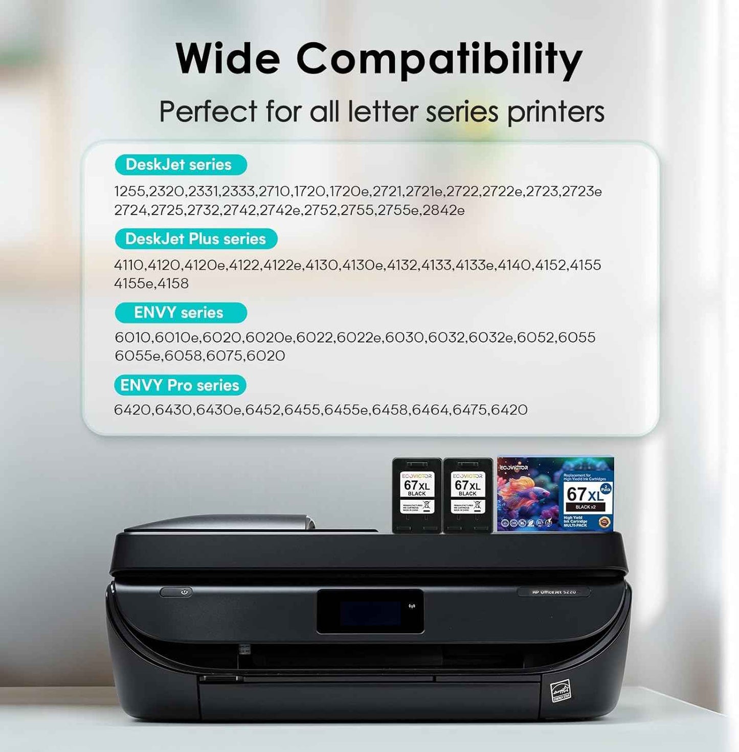 EcoVictor 67XL Black Ink Cartridge Replacement for HP Ink 67 XL HP 67 Ink Cartridges Black for DeskJet 2755e 2700 2700e 4155e 2752 2755 4100 4255e 2855e 2842e Envy 6055e 6000 6455e 6400 6400e Printer