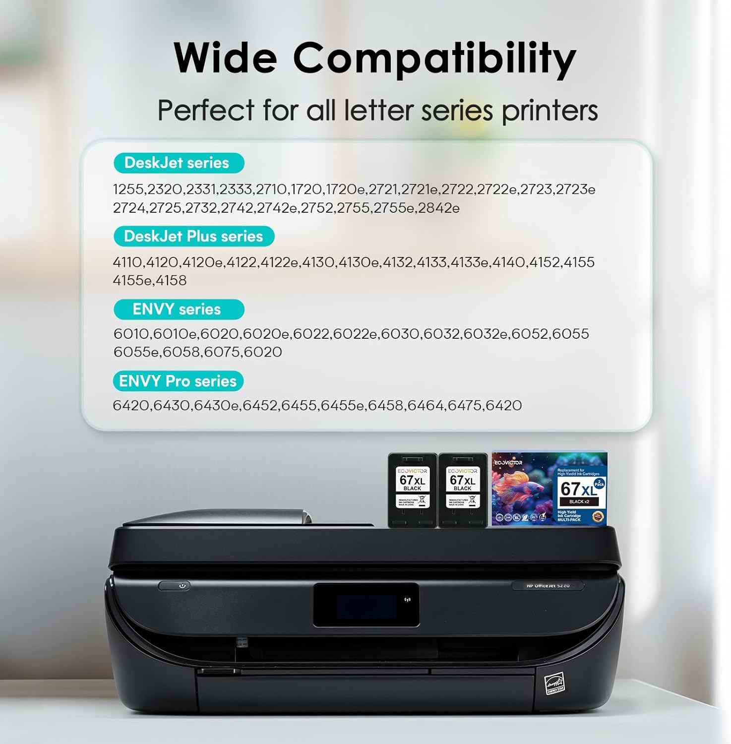 EcoVictor 67XL Black Ink Cartridge Replacement for HP Ink 67 XL HP 67 Ink Cartridges Black for DeskJet 2755e 2700 2700e 4155e 2752 2755 4100 4255e 2855e 2842e Envy 6055e 6000 6455e 6400 6400e Printer
