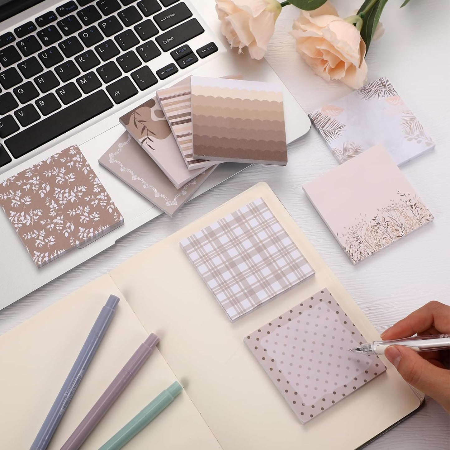 9 Pcs Aesthetic Sticky Notes Cute Pastel Self Stick Notepads Easy to Post Desk Supplies for Home Office Decor School Accessories Women Birthday Coworker Gifts (Brown)