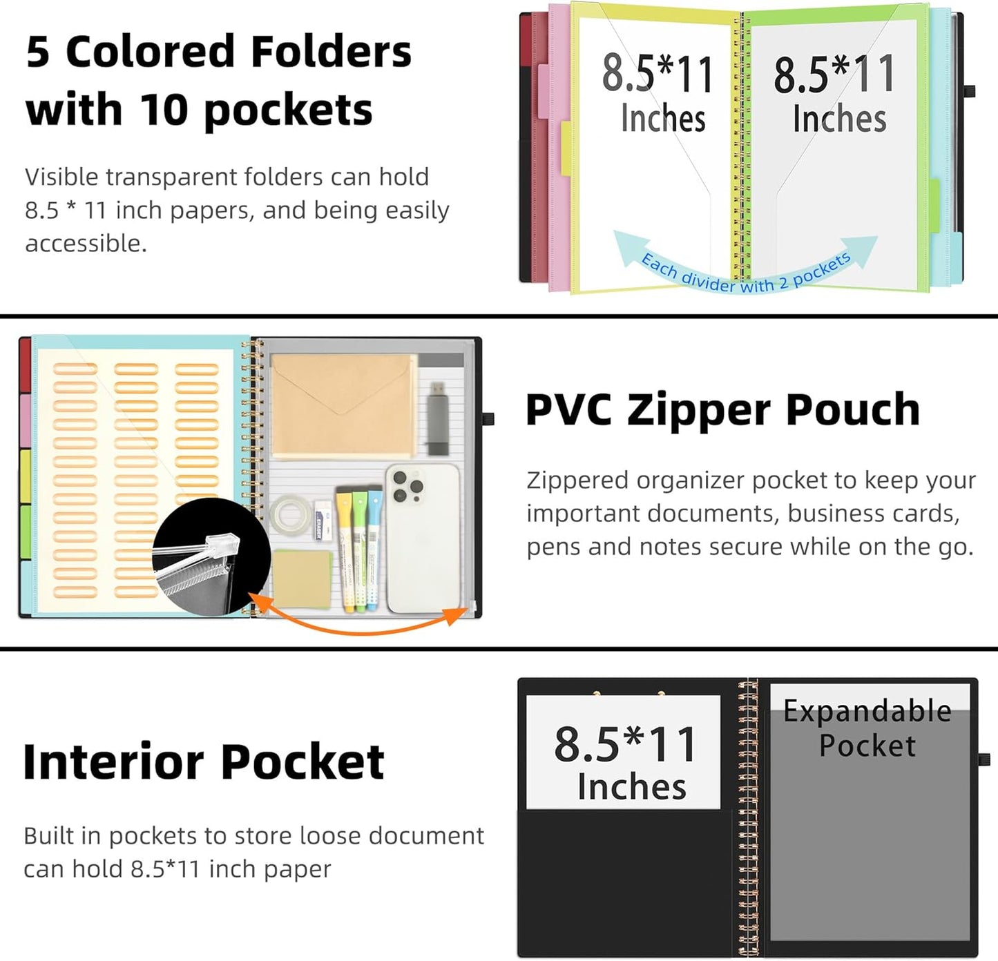 Ospelelf Leather Clipboard Folio with Notepad for Letter Size, Spiral Clipboard Folder with Storage Zipper Pouch, 5 Folders with 10 Pockets, 39 Divider Label Stickers, Pen Loop Series (Black)