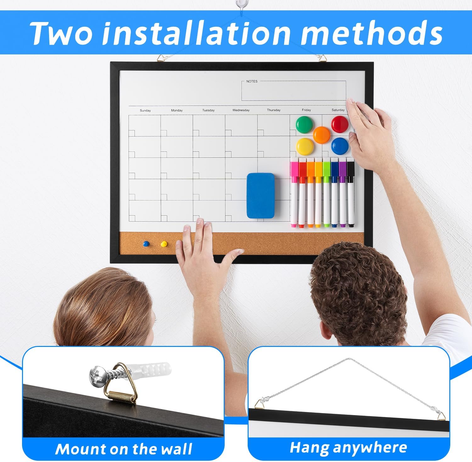 Dry Erase Calendar Whiteboard, 17" x 13" Magnetic Whiteboard Cork Board Combo, Reusable Monthly Planner with 8 Markers, Eraser, Magnets and Pushpins, Hanging Dry Erase Board for Home, School - Black - Lumora Desk