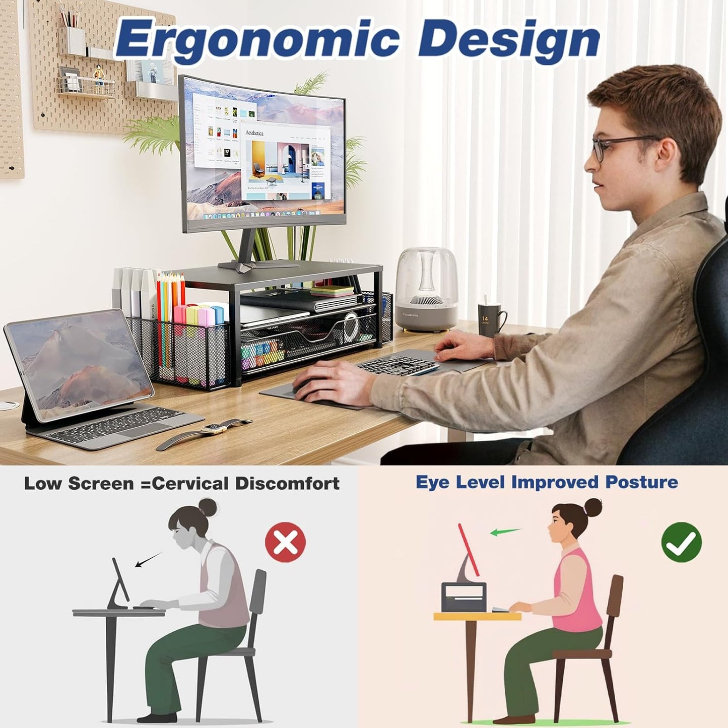 Desk Organizers and Accessories, 2-Tier Computer Monitor Stand Riser with Drawer and 2 Pen Holders, Laptop Stand, Office Desk Accessories for Office Supplies, White