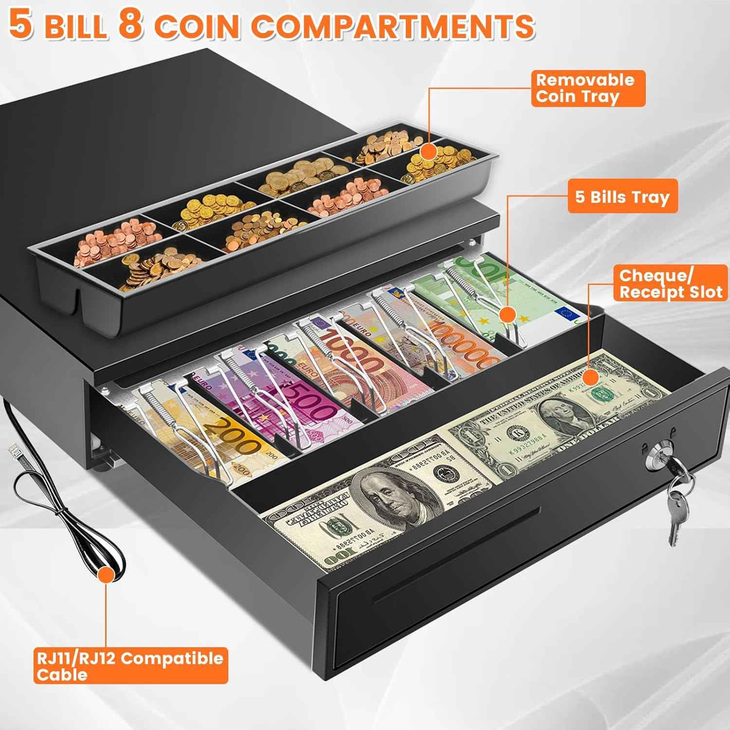 16.4" Cash Drawer with Media Slot, POS Cash Register with 5 Bill 8 Coin Slots, RJ11/RJ12 Printer-Driven, 3-Position Key Lock, Heavy-Duty Steel Cash Register for for Small Businesses