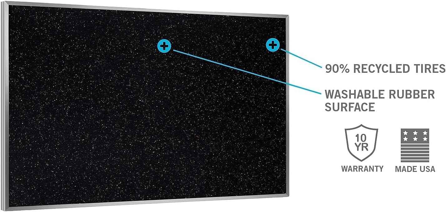 Ghent Bulletin Board, Recycled Rubber, Aluminum Frame, 48.5" x 72.5", Solid Black Rubber (ATR46-BK) Made in USA