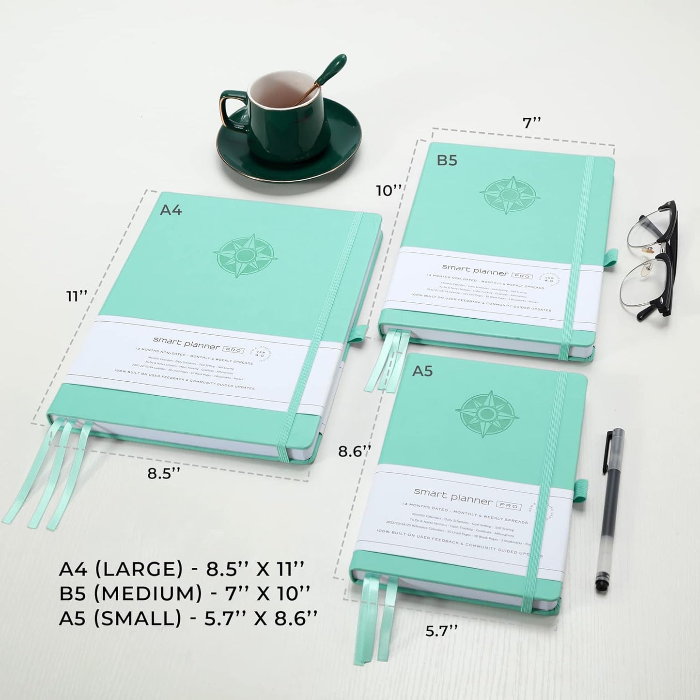 Smart Planner Pro – Undated Daily Planner – Small A5 – Achieve Goals & Increase Productivity – Weekly, Monthly, Work Sections, Organizer Diary with Back Pocket, 3 Satin Bookmarks & Pen Holder